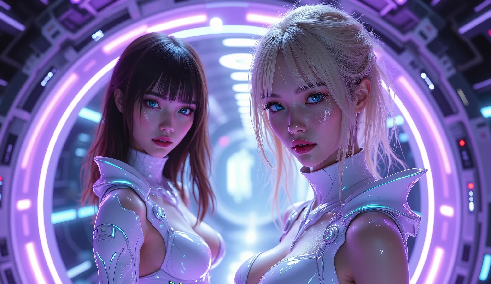 (best quality,4k,8k,highres,masterpiece:1.2),ultra-detailed,(realistic,photorealistic,photo-realistic:1.37),rei ayanami and Asuka Langley,30 year old,Evangeluon cut out body suits,beautiful detailed eyes,beautiful detailed lips,long eyelashes,tall and slender girls,expressive faces,anime style,portraits,vivid colors,neon light effects,futuristic background scenery,digital artwork,sharp focus,high contrast,HDR,sleek and shiny suits,stunningly realistic skin textures,emotionally charged atmosphere