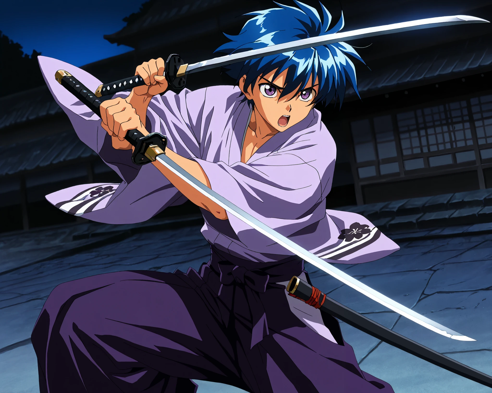 ((masterpiece)), ((best quality)), ((ultra-detailed)), score_9_up, score_8_up, score_7_up, HD, top quality, best quality, High-quality illustrations, anime screencap, perfect anatomy, 1boy, 1male, male anime character, anime boy, Takeru Taiga, blue hair, purple eyes, Japanese, night time, japanese clothes, hakama, Purple kimono, masterpiece, best quality, amazing quality, 1990s (style),perfect lighting, action pose, weapon, Katana, (( The Katana's blade is a cobalt blue )) holding weapon
