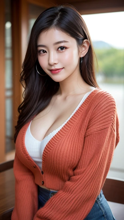 masterpiece, black hair, beautiful, elegant. Ultra-fine details, masterpieces, realistic textures, realistic cinematic lighting, perfect work, 8k, HD, delicate facial features, (Image from thighs to head), large breast, smile, (Japanese idol:1.2), Cozy oversized cardigan with leggings, Comfortable, Relaxed, Fireside reading nook, Hot tea in hand,