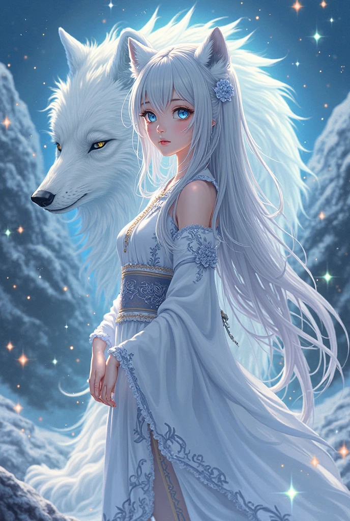In this breathtaking digital artwork created by Mappa Studios, a stunning snow fox woman takes center stage. BREAK With nine fluffy white frosting fox tails on her back and delicate snow fox ears, she exudes an ethereal beauty. Donning an intricately detailed yukata, she stands confidently, locking eyes with viewers. Around her, intricate ice chains intertwine, showcasing her mastery over the element of ice. Her face is flawlessly rendered, capturing every minute detail, from her perfect features to her light smile,((nine fluffy white fox tails:1.6))
BREAK 
Standing tall with a mature and alluring presence, she emanates a frost aura, a testament to her powerful sorcery. In her hands, she wields an ice spear, ready to unleash its icy might. Countless blue and white ice shards dance and dazzle around her, creating a mesmerizing spectacle. In the background, a small ice phoenix gracefully soars, adding an extra touch of enchantment to the scene.
BREAK 
The ground is adorned with glistening crystals and a blanket of snow, while a blizzard rages, adding a sense of movement and dynamic energy to the composition. Her body, with its seductive curves, perfectly complements the overall aesthetic.
BREAK 
This highly detailed digital artwork is rendered in 4K resolution, utilizing the cutting-edge Octane render engine to bring out every intricate detail. The use of bioluminescent elements adds an otherworldly glow to the piece, further enhancing its magical atmosphere. Created with the utmost realism in mind, this artwork is a true masterpiece, showcasing the best quality and official art from Mappa Studios.
