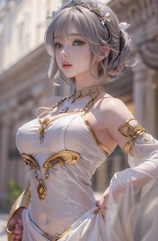 (ultra realistic,32k, masterpiece:1.2),(high detailed skin:1.1),( high quality:1.1),
<lora:kokkoro_ceremonial:0.8>kokkoro,sigh, pale purple hair, white dress, techno-thriller studio, immersive  storytelling, interactive narrative experiences, mind-bending mysteries blurry background, huge breast,large breast,(looking at viewer, standing, from above:1.1), <lora:add_detail:0.98>,
(dense light rays:1.1),
