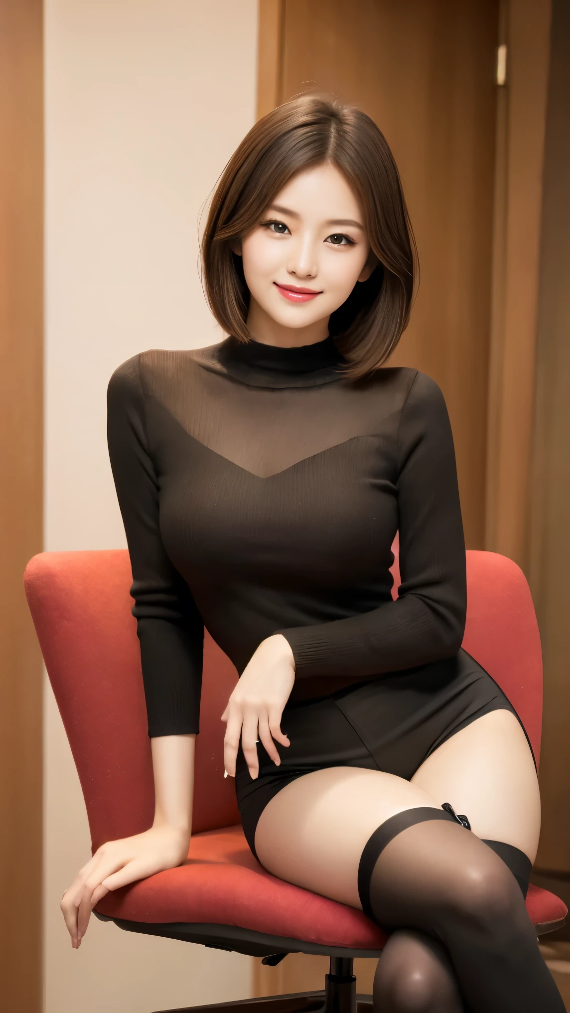 Draw lips correctly, Red lipstick, From the chest up, highest quality, Very detailed, real, super fine muscle, Perfect Anatomy, (1 日本mature的女人), (alone),(Grey open-neck crew neck sweater dress:1.6),Short sleeve,(Short black hair:2),woman, Age 37,mature,Cute Smile,Garden Background,stand,(Standard body shape)、(D cup breastedium Chest,Upper body photo、(Modern office building lobby:1.6)、(Marble floor:1.5)、sitting with legs together on the sofa、(Large window in the background、I can see the office building next door.)