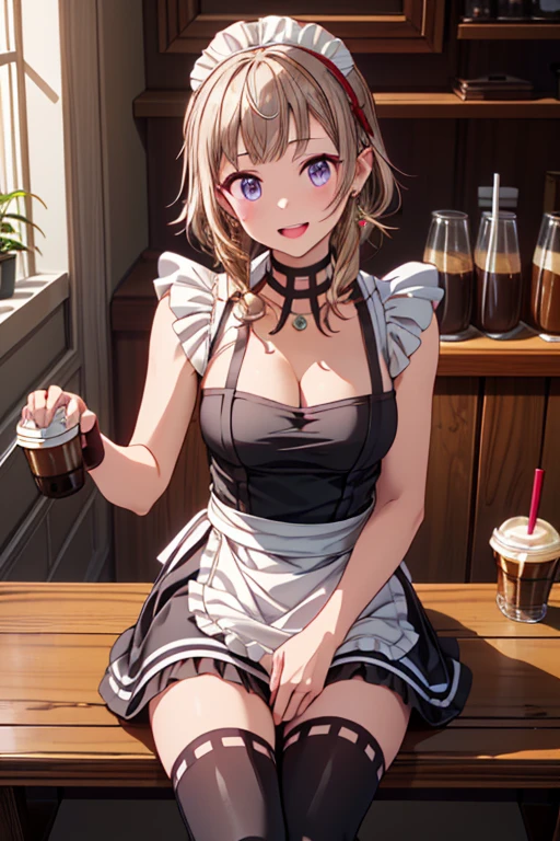 (medium breasts:0.6),(from above:1.2), ((Face)), (Close-Up:0.4), (( eat a cake and have a coffee)),highest quality、(real、photorealistic:1.4),(ultra high resolution, 8K RAW photo, clear focus), best qualtiy, natural lighting, field depth, (Bright pupils, detailed beautiful eyes, high detailed face), Red lip, (tight focus:1.2, from below:1.2), sexy posing, erotic cute,cooking Research Institutes(beautiful and luxurious:1.2),(double breasted:1.0,under bust:1.0), gap between buttons,(((corset belt))),(((high waist skirt,))) seductive weak smiling,(with sparkling eyes and a contagious smile),open mouth, Looking at Viewer