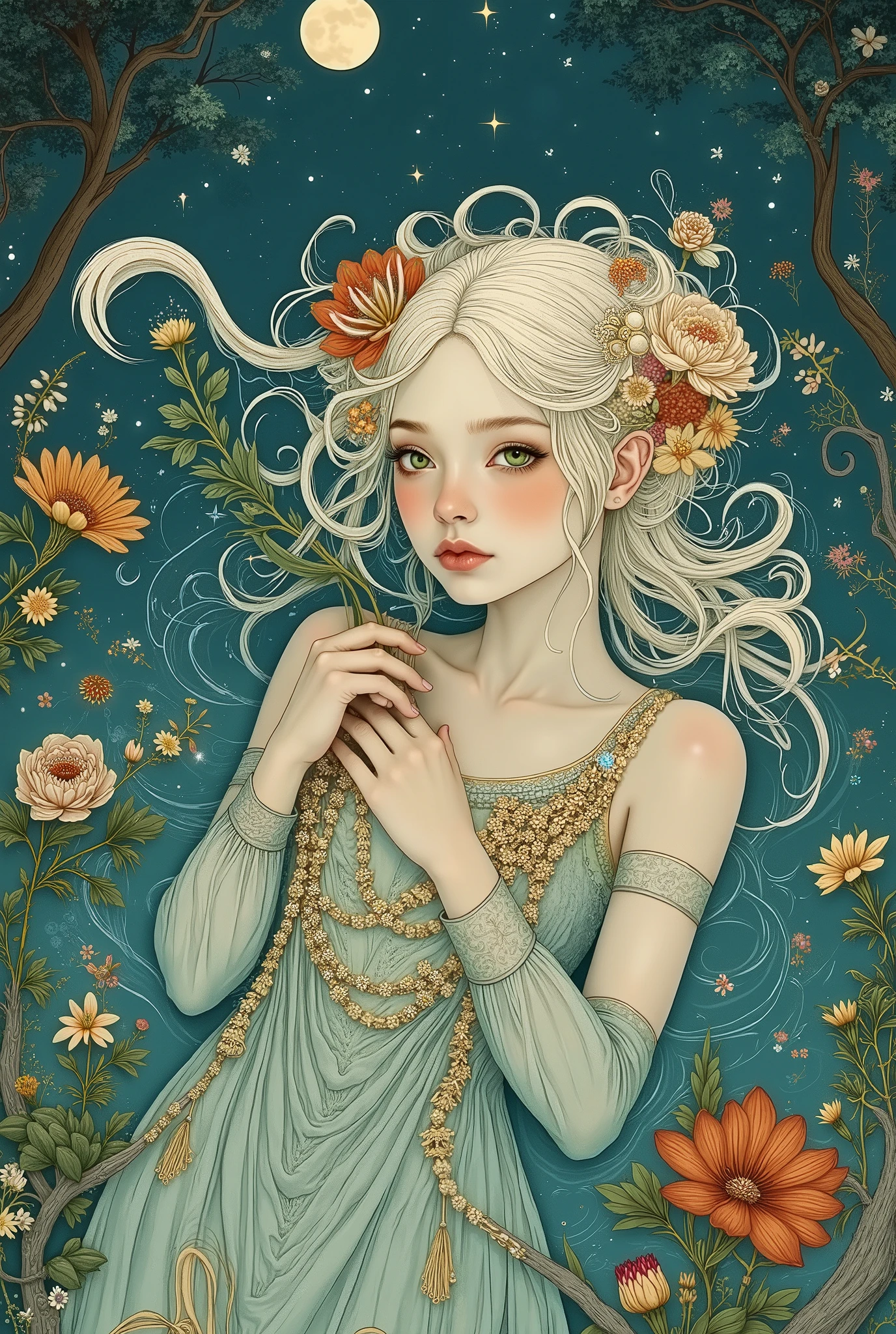 A beautiful girl lies horizontally in the water, top view, large, beautiful light green eyes, long eyelashes, slightly open mouth, delicate blush on pale skin,arms crossed over her chest, a branch of a beautiful plant in her hands, Translucent wet clothes, water around her body, fish, algae, pearls, sea foam, very long white hair is intertwined with flowers and ribbons in bizarre strands, precious hair ornaments in the form of flowers and wings, embroidery with gold and precious stones, refined facial features, graceful beautiful regular hands,  against the background of an azure lake among beautiful trees and flowers, bizarre fairy-tale flowers on the shore, inky sky after sunset, stars, moon, bright, gradient color scheme, digital art in the style of painting, symbolism, Art Nouveau, modern, fantastic realism, hand painting, stylization, high detail,