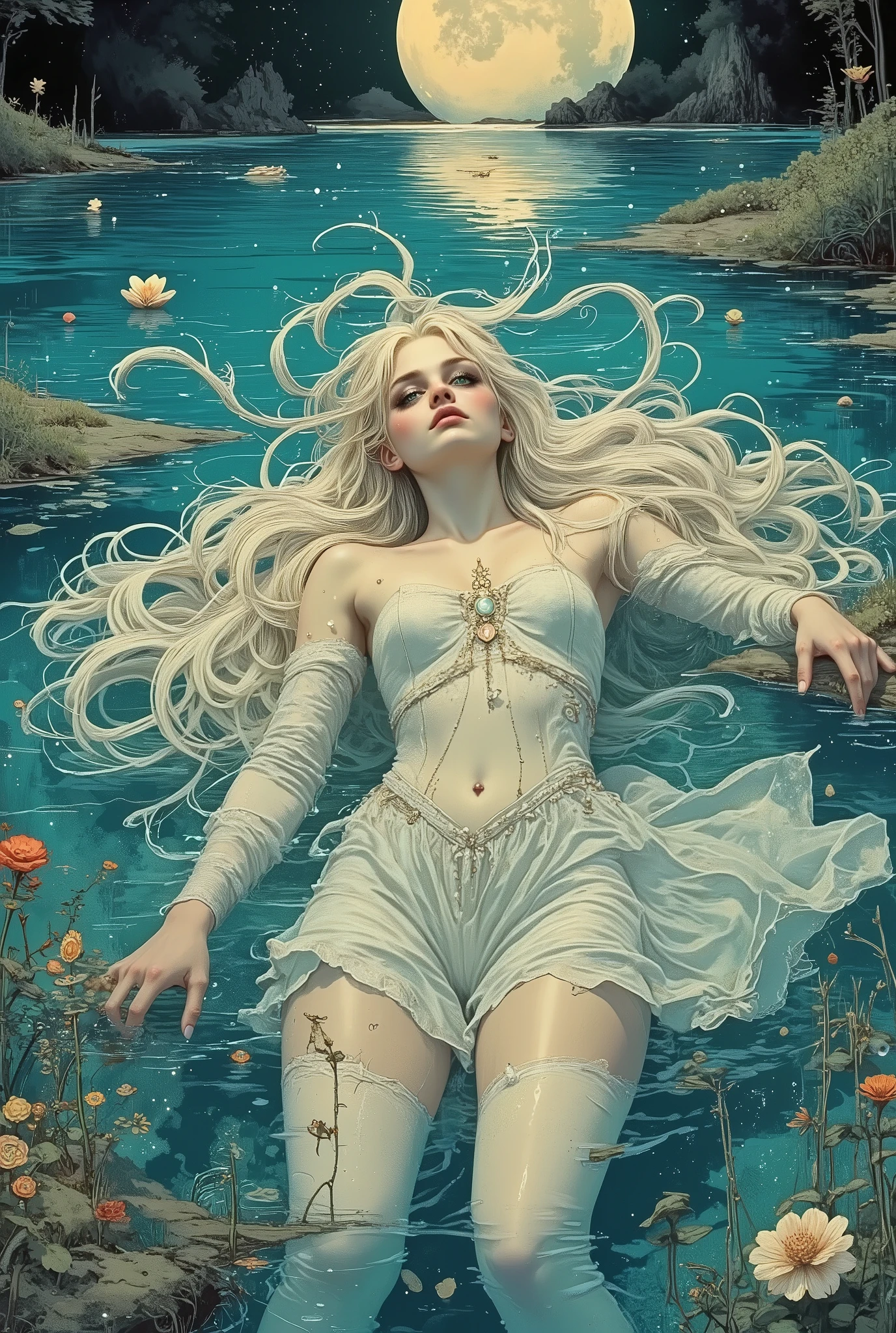 A beautiful girl lies horizontally in the water, top view, large, beautiful light green eyes, long eyelashes, slightly open mouth, delicate blush on pale skin,arms crossed over her chest, a branch of a beautiful plant in her hands, Translucent wet clothes, water around her body, fish, algae, pearls, sea foam, very long white hair is intertwined with flowers and ribbons in bizarre strands, precious hair ornaments in the form of flowers and wings, embroidery with gold and precious stones, refined facial features, graceful beautiful regular hands, against the background of an azure lake among beautiful trees and flowers, bizarre fairy-tale flowers on the shore, inky sky after sunset, stars, moon, bright, gradient color scheme, digital art in the style of painting, symbolism, Art Nouveau, modern, fantastic realism, hand painting, stylization, high detail,