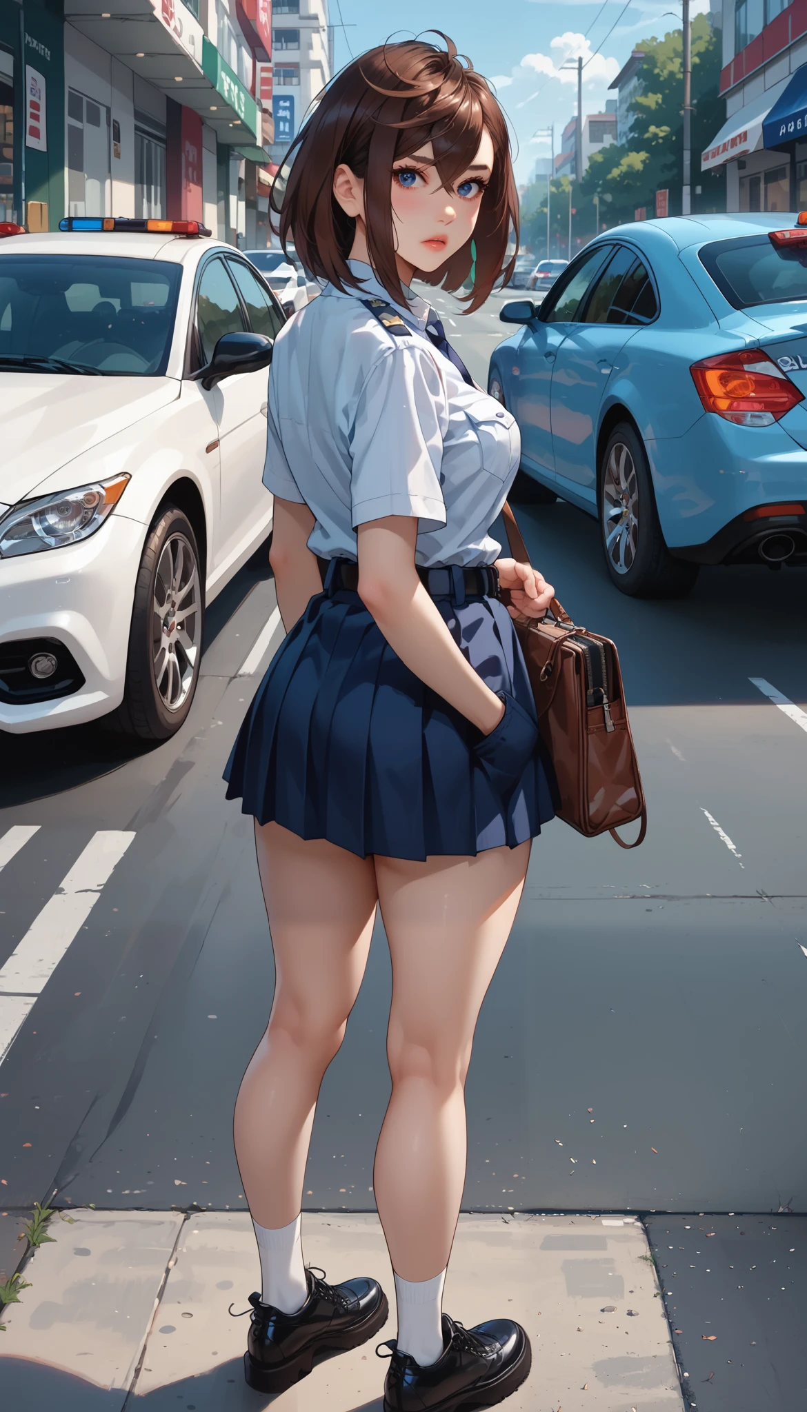 (((masterpiece, highest quality, High resolution, 超High resolution, Perfect Pixel, Depth of written boundary, 4K, RTTX 10.0))), Beautiful Anime Woman, Beautiful art style, Anime characters, ((Smooth texture, Realistic texture, Anime CG Style)), Exact finger count、Exact number of legs、(Exact number of arms:1.0, Exact number of hands:1.0), (Perfect hands, Perfect Anatomy), Cinematic, Realistic, Extremely detailed CG, Daytime lighting, Perfect lighting, Best Shadow, The best natural light, whole body, Perfect body, (Slender body:1.2), ((Long Hair, bangs, Dark brown hair, Stylish hairstyle, Bobcut)), (An adult woman is lying face down on the ground., Exposing panties, Angle from the rear:1.4), (Fashionable white shirt, Sailor collar, Navy blue knee socks, loafers, Navy pleated mini skirt:1.3), ((Stylish shiny satin panties, Side-tie white panties, black lace trim:1.3)), (Beautiful little ass, Beautiful and thin thighs:1.3), Feeling embarrassed, (blush:1.2), (Very embarrassed look:1.4), (City hustle and bustle, Buildings on the background, Sidewalk, Intersection in the background, Akihabara-like streetscape, Many people dressed in clothes in the background々:1.4), (Her skirt is flipped up:1.3) , Looking Back