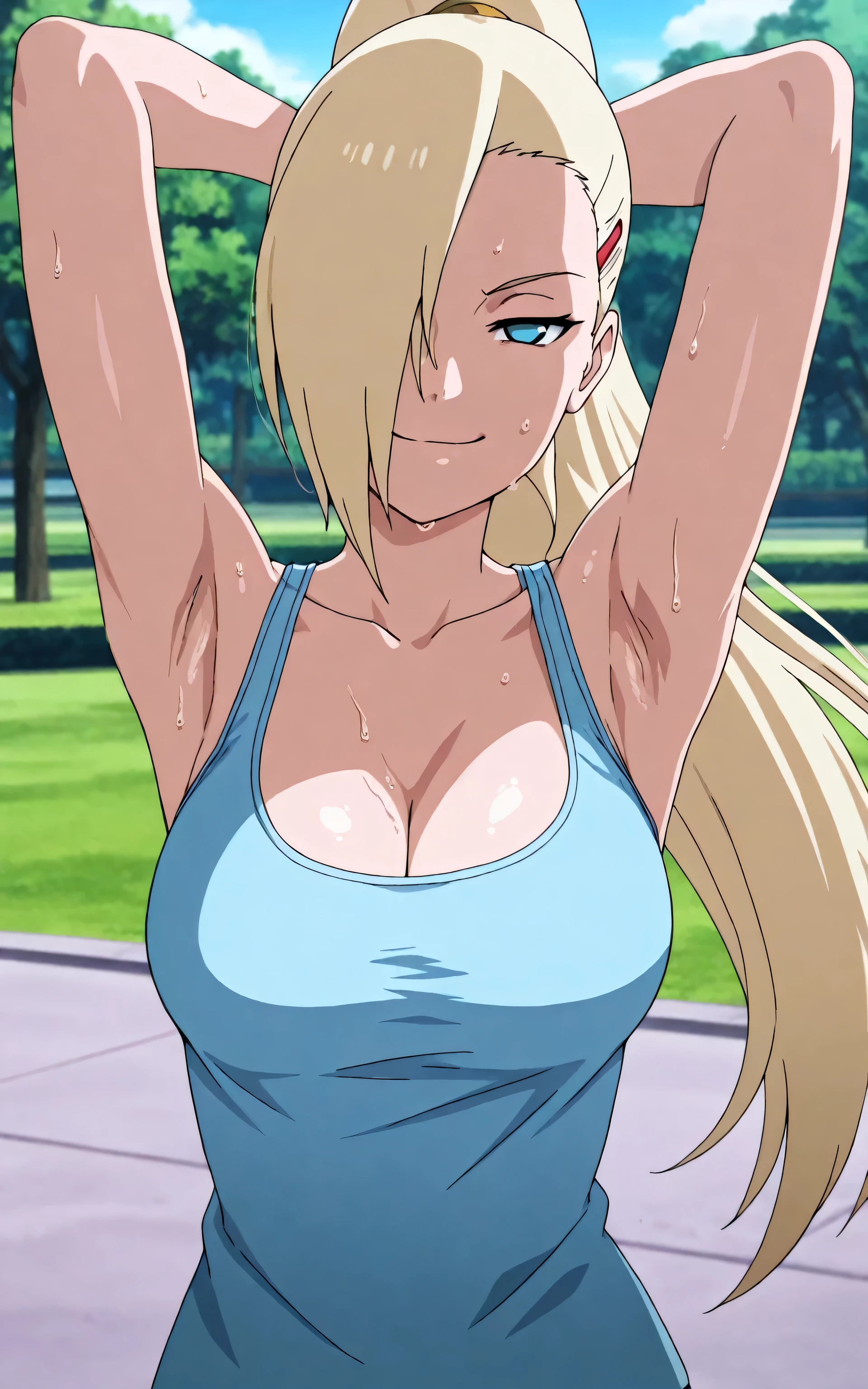 masterpiece, best quality, amazing quality, front lighting, anime screencap, 1girl, solo, InoShipuuden, blonde hair, high ponytail, hair over one eye, light blue tank top, breasts, blue eyes, bare shoulders, bare arms, arms behind head, armpits, head towards viewer, looking at viewer, evil smile, smug, closed mouth, (front light:1.1), half-closed eyes, armpits focus, outdoors , day, park, sweaty, (cleavage:0.8), collarbone