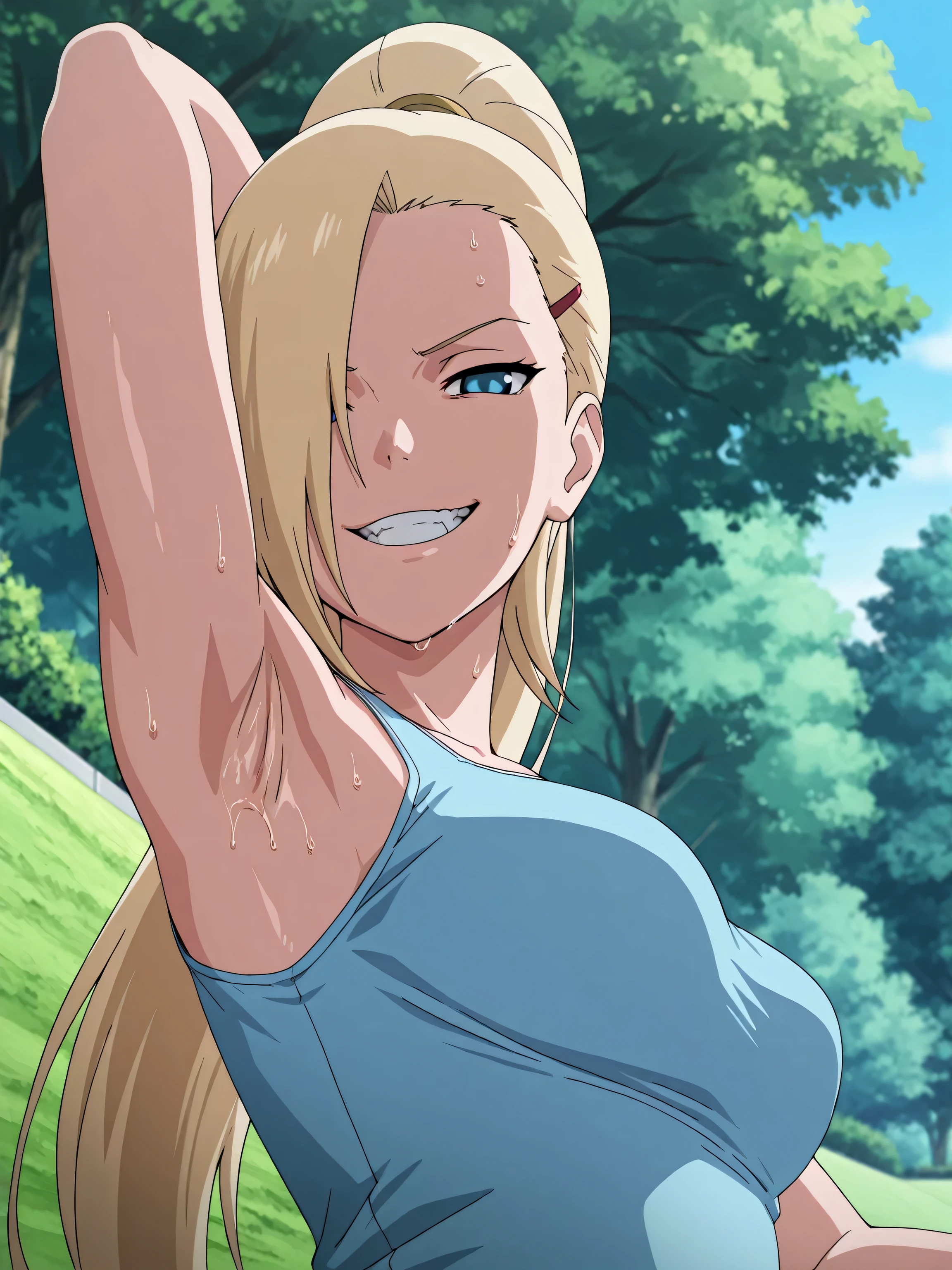masterpiece, best quality, amazing quality, front lighting, anime screencap, 1girl, solo, InoShipuuden, blonde hair, high ponytail, hair over one eye, light blue tank top, breasts, blue eyes, bare shoulders, bare arms, arm behind head, armpit, head towards viewer, looking at viewer, evil smile, smug, grin, teeth, (front light:1.1), half-closed eyes, armpit focus, outdoors , day, park, sweaty, from side, from below, on viewer's lap, armpit into viewer's face