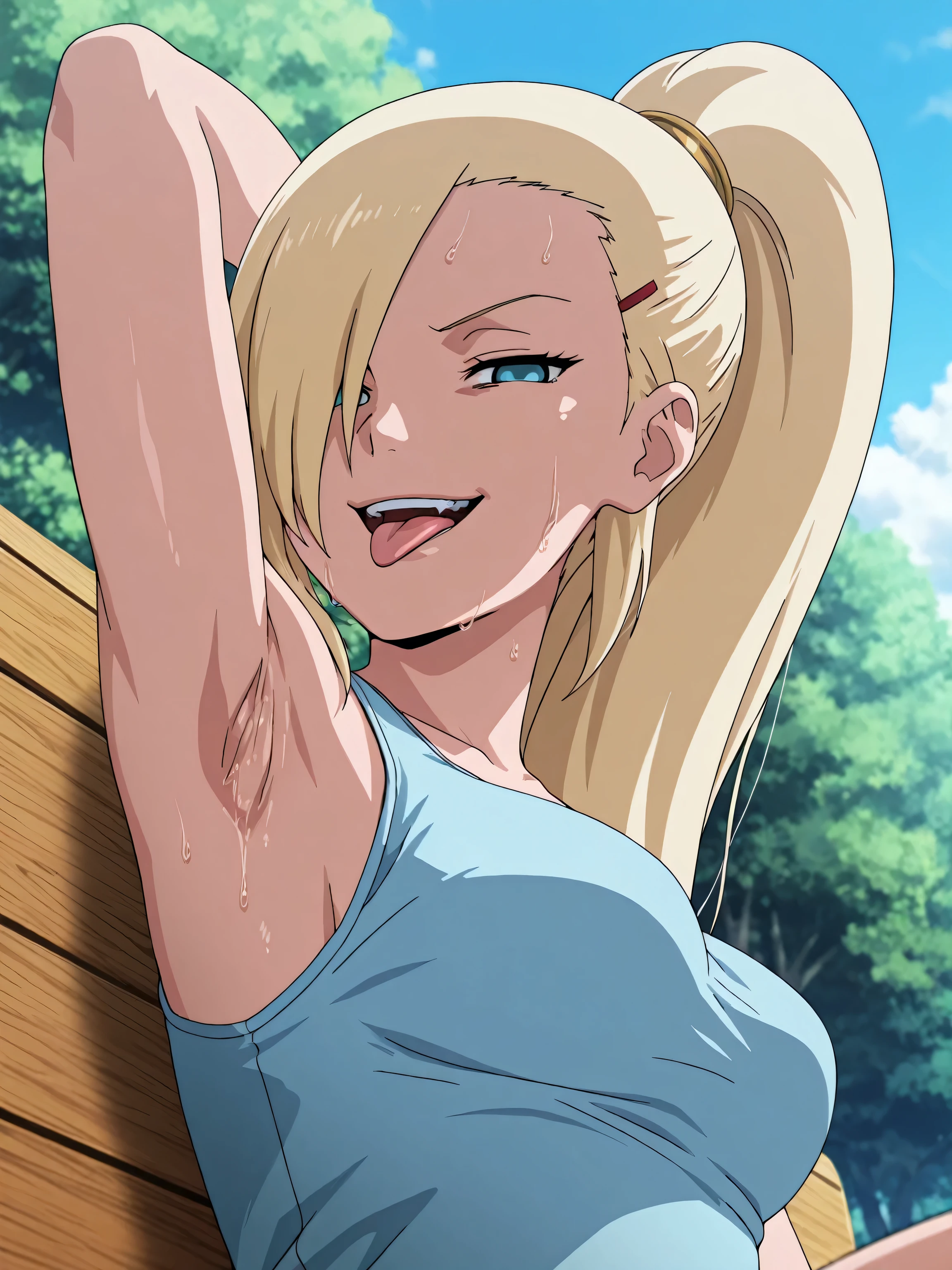 masterpiece, best quality, amazing quality, front lighting, anime screencap, 1girl, solo, InoShipuuden, blonde hair, high ponytail, hair over one eye, light blue tank top, breasts, blue eyes, bare shoulders, bare arms, arm behind head, armpit, head towards viewer, looking at viewer, evil smile, smug, open mouth, tongue out, (front light:1.1), half-closed eyes, armpit focus, outdoors , day, park, sweaty, from side, from below, on viewer's lap, armpit into viewer's face