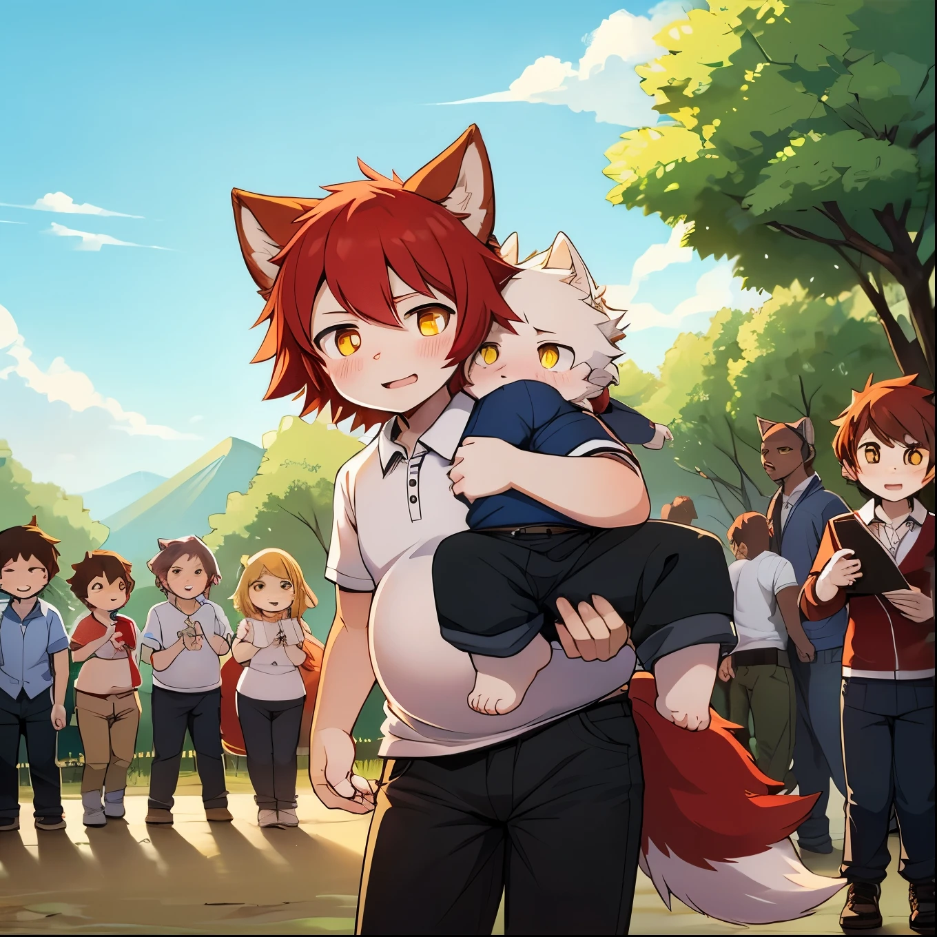 masterpiece,3+wolves pregnant shota, group shot,front line battlefield, extremely detailed,wolf, red hair, yellow eyes, shota, human body, detailed (detailed fur), (chubby) chubby human body, fat, pregnant shota, fluffy fur, fluffy ears, fluffy hair, wolf ears, fluffy tails,wolf anatomy,carrying a notebook, clothes, short-sleeved white polo shirt, shota wearing school-style pants, forming a formation,shy, five fingers, explicit content,evening sky, male pregnancy