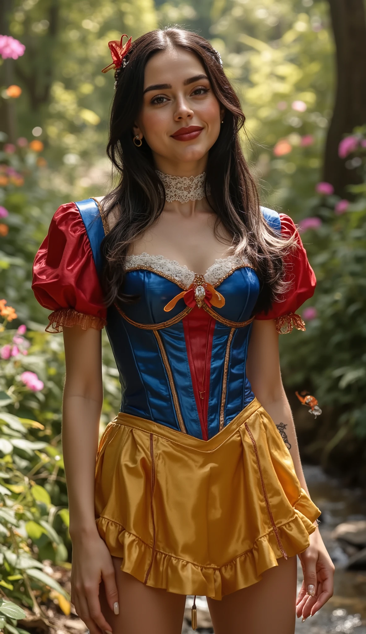 (((MID-BODY SHOT))) medium shot portrait of a sensual Snow White in the vibrant enchanted forest, sunlight piercing through lush foliage, colorful flowers and butterflies around her, wearing a FITTED figure-hugging sapphire-blue corset dress (Pantone 286C) with a (((deep V neckline))), FITTED golden-yellow mini skirt (Pantone 1235C) with playful ruffles, puffed micro-sleeves in crimson-red satin (Pantone 186C), white lace choker with a tiny golden bow, thigh-high glossy red heels, seductive pose with hand on hip, winking at the viewer with a mischievous smile, ruby-red lips parted, porcelain skin glowing under soft sunlight, raven hair in a loose side braid with a red ribbon, forest details: friendly animals (rabbits, deer) peeking behind trees, crystal-clear stream in the background, style: Disney Princess meets Victoria's Secret Fashion Show, hyper-realistic textures (satin shimmer, lace delicacy), FLUX v2.0 enhanced vibrancy + sunbeam diffusion, 8k resolution, dreamy bokeh, faint golden sparkles around her figure, cinematic Disney color grading, (((Keep the exact face and hair details of the selected LoRA))), (((BIG BREASTS))), (((HOURGLASS FIGURE)))
