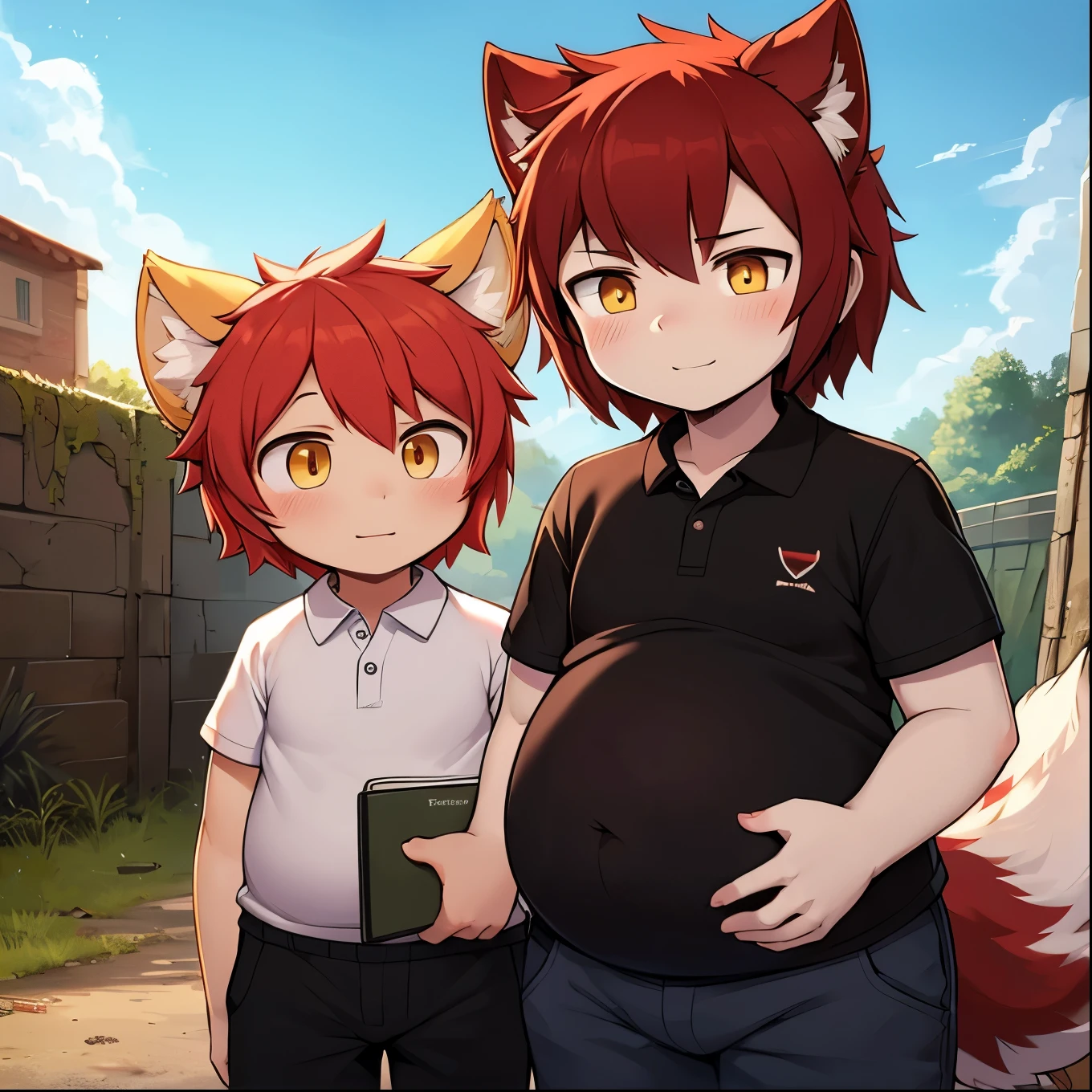 masterpiece,3+wolves pregnant shota, group shot,front line battlefield, extremely detailed,wolf, red hair, yellow eyes, shota, human body, detailed (detailed fur), (chubby) chubby human body, fat, pregnant shota, fluffy fur, fluffy ears, fluffy hair, wolf ears, fluffy tails,wolf anatomy,carrying a notebook, clothes, short-sleeved white polo shirt, shota wearing school-style pants, forming a formation,shy, five fingers, explicit content,evening sky, male pregnancy