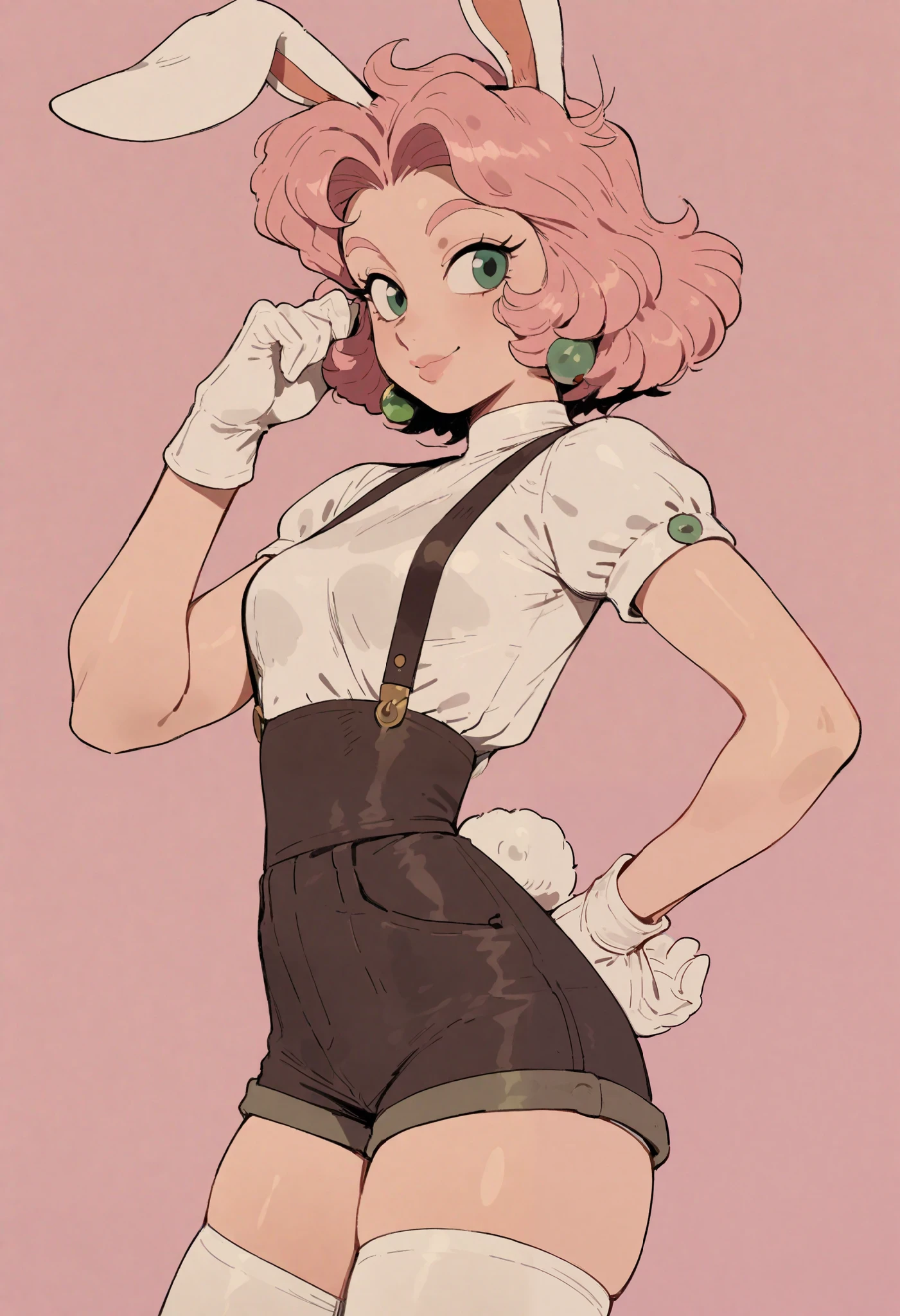 didi_v1, Vintage_v1,f1f1_v1 , Vintage_v1, 1girl, animal ears, solo, rabbit ears, gloves, pink hair, earrings, jewelry, shorts, white gloves, pink background, tail, rabbit tail, thighhighs, hand on own hip, suspenders, simple background, looking at viewer, high-waist shorts, shirt, green eyes, smile, short hair, white shirt, short sleeves, breasts, cowboy shot, white thighhighs, rabbit girl, lips, hand up