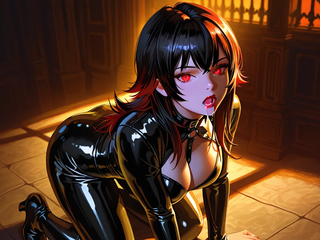 (best qualityer)), ((work of art)), (detailded), 1 girl, Demonia, short clothes, Bblack hair, large breasted, big-ass, alone, snake eyes