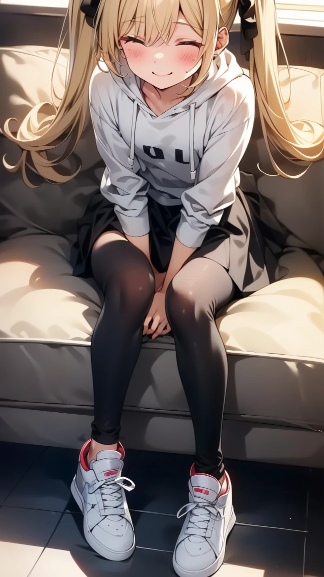 masterpiece　Super beautiful girl　blonde　short bob　Forehead　oversized black hoodie　red skirt　((black pantyhose))　pumps　beautiful feet　sit on the sofa　footjob　looking down at the viewer　blush　smile　man&#39;s room　shoot from directly below
