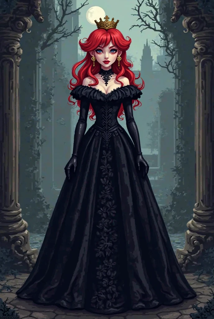 Woman with long red curly hair, slick back, don't forget the round glasses. pale white, has small, slanted eyes with very striking eyeliner and a wine-red mouth.gothic outfit, long robe, high-heels. ancient art. She has a sad expression. Big and powerful face. Curlier and more voluminous hair. fully body. In black and white, アニメ, drawning, grimdark, choker, rings