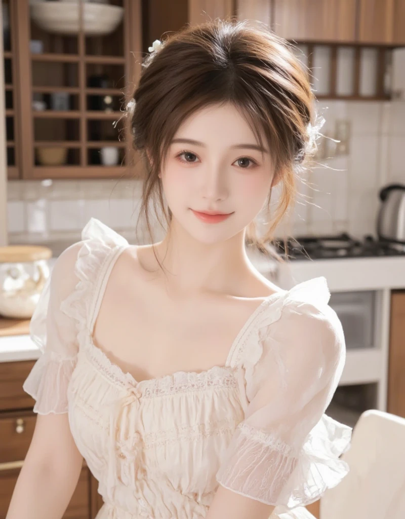 (masterpiece:1.3, Highest quality), (Realistic, photoRealistic:1.4), beautiful photo, (Natural Side Lighting, Cinema Lighting), Look down, whole body, From below, 1 Girl, Japanese, (reception), 20-year-old, Perfect Face, (Perfect Anatomy), Cute and symmetrical face, Shiny skin, (Long Hair, ponytail, Brown Hair, Pink hair ribbon), Swept-apart bangs, Dark blue eyes, Slanted Eyes, Long eyelashes, (Large Breasts: 0.8), Beautiful Hair, Beautiful Face, Beautiful attention to detail, Beautiful clavicle, Beautiful body, Beautiful breasts, Beautiful thighs, Beautiful feet, Beautiful fingers, ((Very detailed see-through costume, Square neck ivory dress, )), (Beautiful views, Depth of written boundary, Detailed Background), evening, (Office Room), indoor, Overlooking:building, Are standing, (smile),((Prostitute))