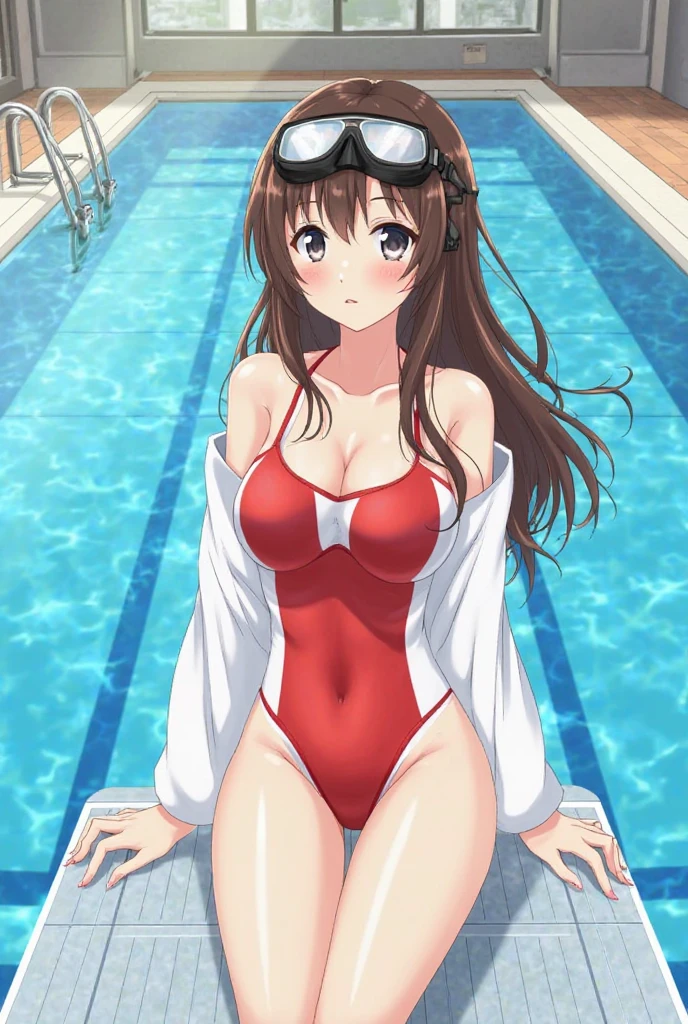 ((masterpiece, Highest quality, High resolution, 超High resolution, Pixel perfect, Written boundary depth, 4K, RTTX 10.0, High resolution))), 1 girl, single, alone, Beautiful Anime Girls, Beautiful art style, Anime characters, ((Shortcuts, bangs, Dark brown hair)), ((Green Eyes:1.4, Round eyes, Beautiful eyelashes, current eyes)), ((Smooth texture:0.75, Anime CG style)), ((Dynamic Angle, close)), Perfect body, (pretty girl), Normal chest, whole body, ((4K, 8k, Highest quality, Perfect Fingers: 1.3, Perfect ???????: 1.3, Background Blur)), (White one piece swimsuit）, whole bodyアングル, Poolside