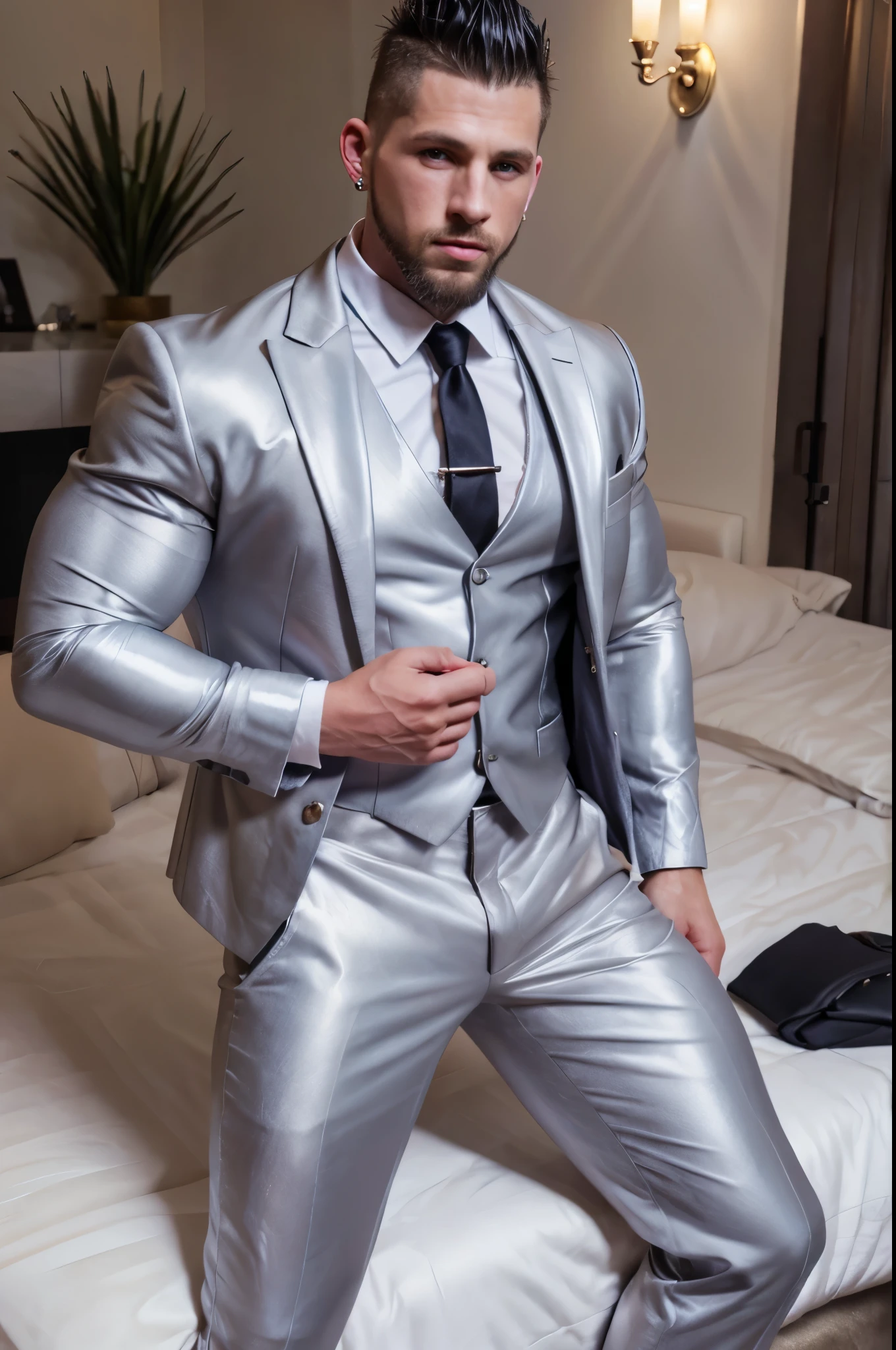 30 years old,daddy,"shiny grey suit ", wear white shirt, very shiny grey pants, very shiny grey waistcoat, Dad was drunk and lie down on the bed,k hd,in the office,"big muscle", gay ,black hair,asia face,masculine,strong man,the boss is,handsome,,leather gloves,lecherous dad,look straight ahead,dad is handsome,dad is handsome ,dad is "horny dad"