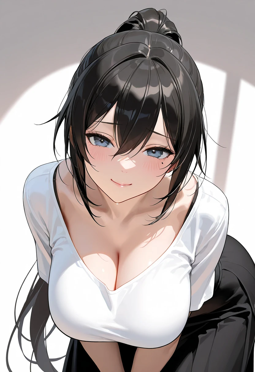 masterpiece, best quality, (1girl), white dress, BREAK, darker hair, short hair, black eyes, solid eyes, empty eyes, big jacket, off shoulder, black pantyhose, BREAK, smile, lustful face, large breasts, adult, leaning forward, simple background, no background, white background