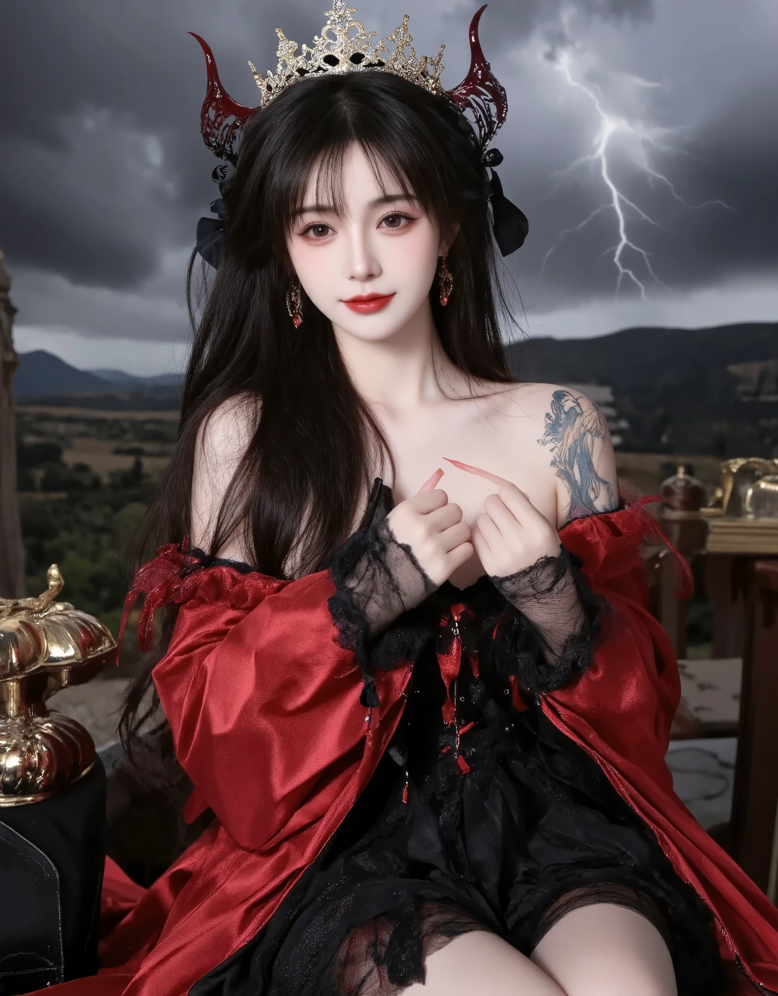 1 beautiful devil woman from hell, In the dark: 1.6), surreal female portrait by David Hockney and Alphonse Mucha, Fantasy art, korean-doll, Photorealism, Dynamic lighting, art stations, poster for, voluminetric lighting, Very detailed faces, 8K Ultra, Awarded, In the dark, deepshadow, low tune, cowboy lens, (Red phoenix dress: 1.4), Long hair, Black hair, Bust, luxurious palace, Royal style, devil crown, red eyes make up very sharp and detailed, The most beautiful face, Large, normal breast, Super realistic, chinese women's clothing, polo neck sweater, Charming smile, The eyes are very well made up, Guviz, devil style, wearing black mesh socks, pony tails,A bow is tied behind the hair, Red black lips, Devil tattoo on shoulder, Wearing a thin red and black robe, the landscape is overcast and thunderous, (Portrait) ,(Background details 1.8),