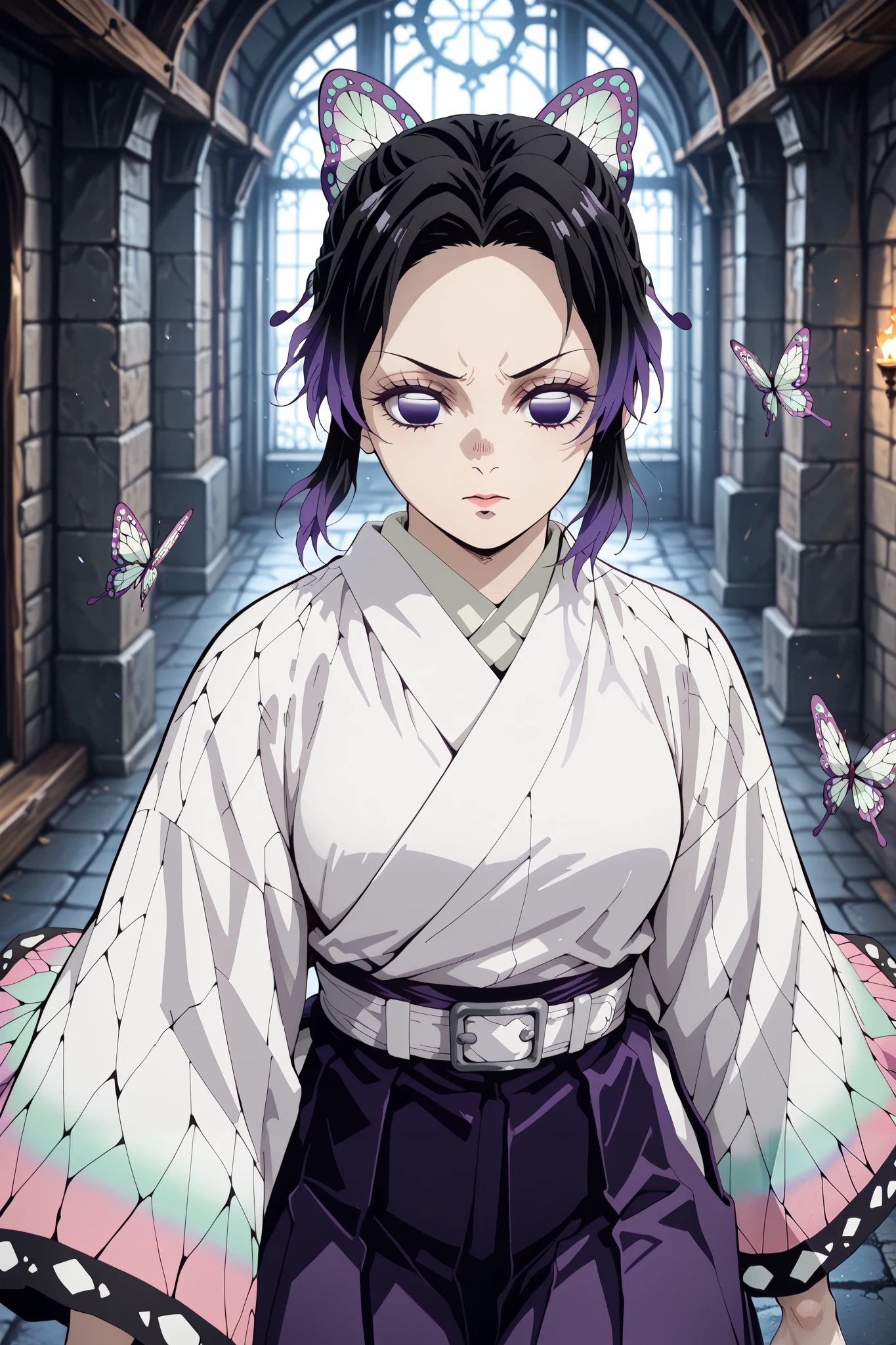 score_9, score_8_up, score_7_up, score_6_up, source_Sousou No Frieren, highly detailed eyes, perfect eyes:1.1,
top quality, details, latest, AI-generated, super high definition of the front hair, bust shot, Alone, 20 years old,
curvilinear, anatomically correct, detailsな肌, walking,
(fshiNobu kochou, black hair, butterfly, butterfly hair ornament, forehead, gradient hair, hair ornament, White kimono on bare skin, Purple Hakama, multicolored hair, parted bangs, purple hair, short hair, two-tone hair),
(determined:1.2),
Medieval Dungeon , close mouth, (Watch Viewers:1.4), Kimetsu_No_Yaiba_style, facing the front,