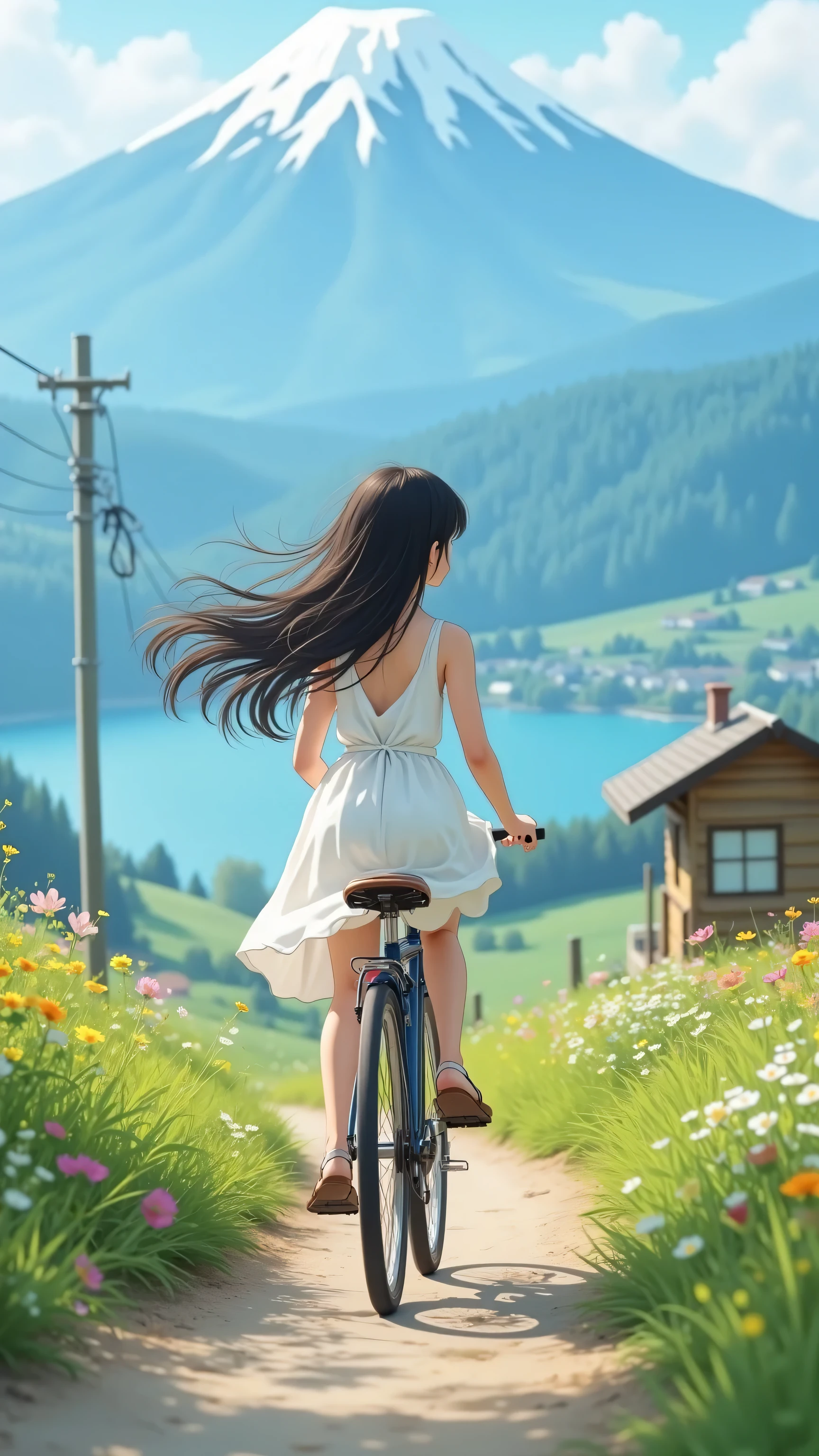 (masterpiece:1.5), (best quality), 8k resolution, Ultra HD details, Real photography style,
The background of a young girl in the center of the picture,Low angle looking up view,She rides a retro bike, wearing a white dress ,long hair flutters with the wind, (((The camera is facing the 's back, Low angle bump ,Pathside full of flowers))),There is a small cabin in front of her,There are lakes and Daisetsuzan in the distance,High Resolution, masterpiece, Precise, best quality, details,
The soft light shines from the top of the screen,Create a healing atmosphere,The depth of field enhances the spatial level,
style blend :Real Portrait Photography × Ghibli Animation Scene