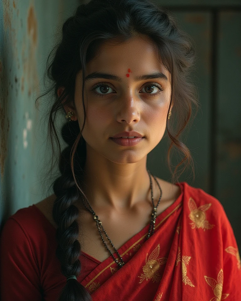 picture of a indian girl a red scarf on her head /picture in a frame /realistic, mind blowing, and attractive too see. --auto --s2