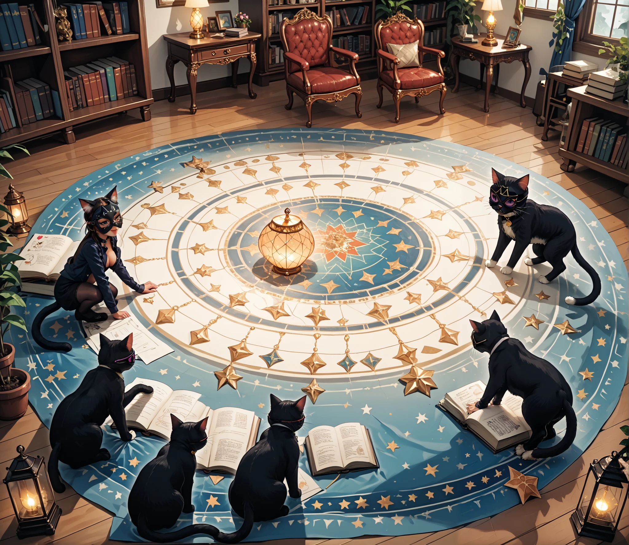 full star dark Night, huge library,(Old books are scattered on the floor),(a large old book glowing is opened:1.4),A lantern that emits magic phosphorescence, Large tall clock, Pots of orchid plants, vases decorated with flowers,(lay:0.65), (face down ass up, lift ass up:0.75),(arms raised in the air:0.7),(paw pose:0.7), (spread legs:0.55), (Thrust forward at the waist:0.57), (Erotic squatting full of confidence:0.7), (dynamic poses:0.68), (petting:1.05), (kissing:1.01),(fingering:0.8),(breast lift:0.99),(pinch the nipple:0.85),(crotchless and urinating, natural urination:0.7),young beautiful 3women transformed by a playful yet benevolent magic that enhances her mystical aura, Cat ears,(see-through Brown ethereal design thin Slingshot bikini with butt tail plug:1.02), gloves with sharp claws,(cat eye mask:1.6),thigh-high stockings with glowing rune pattern and sharp claws, (A shy yet confident expression as she embraces her magical transformation0.97),(impish smile:0.78),(wink:0.68), (flushed skin:0.99),heart-shaped pupils, green glowing eyes imitating a cat, costumes has a star pattern that symbolizes the ability to manipulate space, The long flowing light-emitting black hair, (magic flows from her hands forming swirling patterns in the air:0.5),(A body tempered through rigorous training:1.4), (small tits:0.7),(huge tits:0.5),(huge clit:1.6),(shape of erected nipples:0.4),(suntan:1.2),(Pubic hair:0.7),(underarm hair:0.99),(camel toe:0.7),(They all wet their crotches with love juice:0.9),(erotic tattoo on the leg groin),(from above:1.15), (full body:0.9), Dynamic Actions:1.5, Dynamic Angle:1.5,anime style, high detail, anatomically correct, super detail, (vignetting:1.7), textured skin, super detail, high quality, retina, accurate