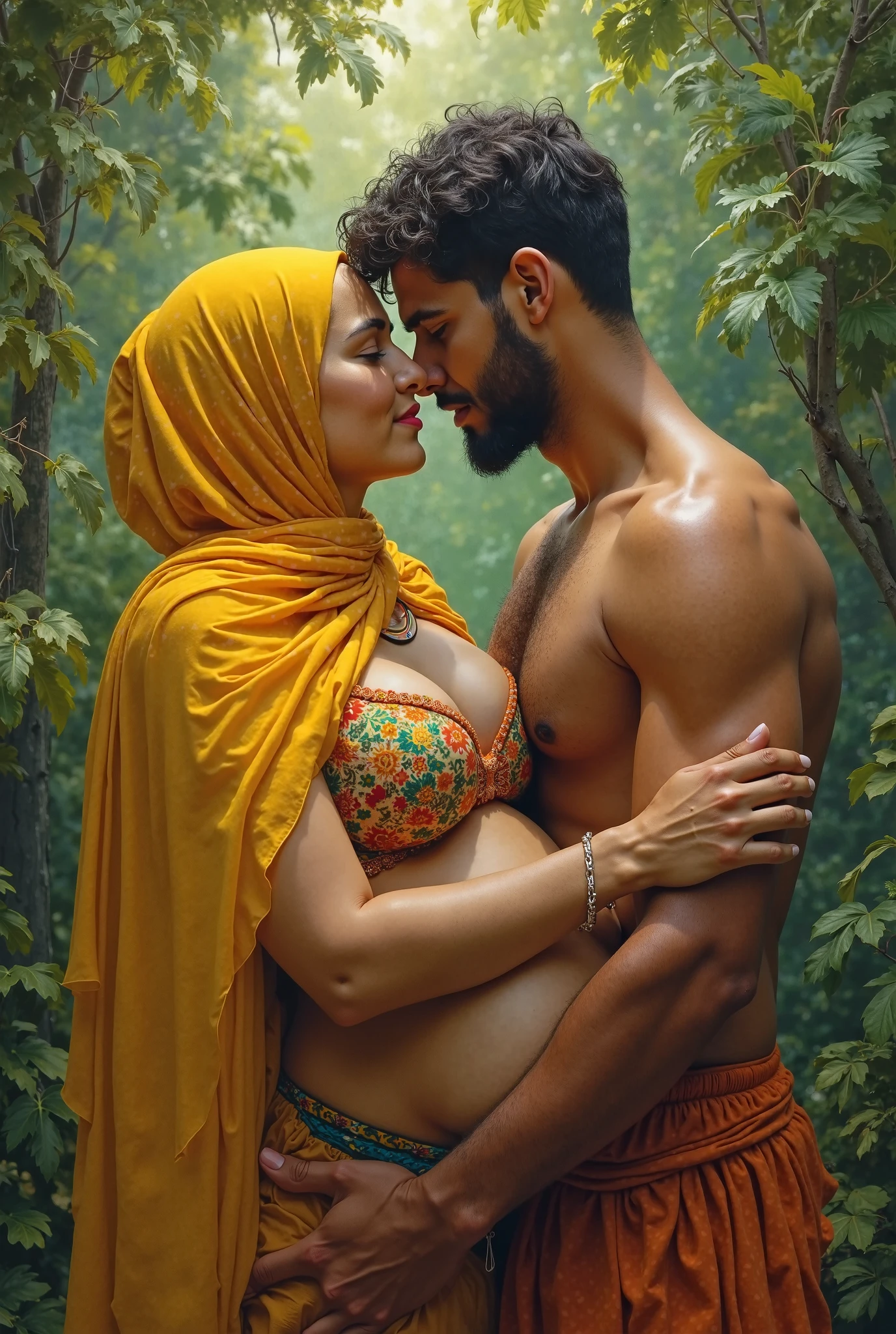 Young muscular Hindu pandit giving kiss to pregnant muslim big ass women wearing hijab doing bath in bathtub