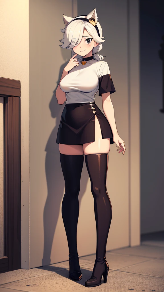(Best quality,4K,8K,A high resolution,tmasterpiece:1.2),ultra - detailed,(actual,realistically),vibrant with colors,1girl, solo, girls frontline, blonde hair, short hair, red eyes, empty eyes,two buns, military headphones, black underwear(bra), ((gray t-shirt)), open neckline, off-shoulder, choker, black shorts, ammunition on right leg, stockings, large breasts, leaning forward, simple background