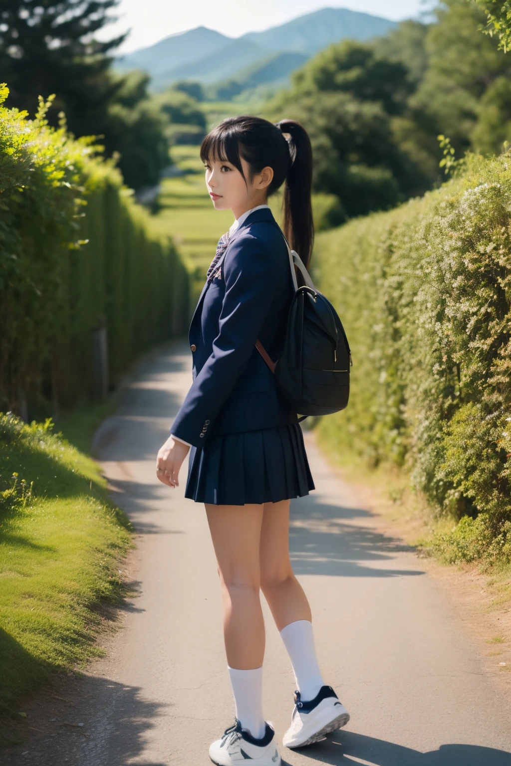 1 High School Girl、summer clothing、Climb the slope to school、tall trees on both sides、Looks cool、Looking at the camera