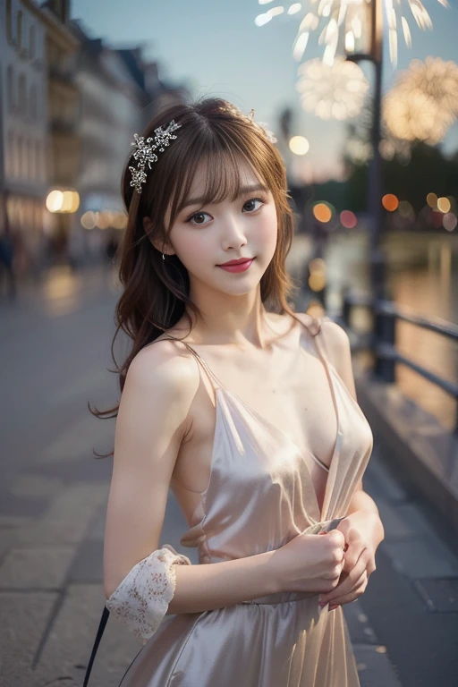 (Photorealistic Realism 16K Quality, Ultra Fine Digital Art), (Ultra Realistic Proportion Body, Anatomically Correct:1.3), Beautiful Girl, Half Body Portrait, Black Eye Shadow, ((Street Style Wear:1.35) )), (city background:1.25), finer details, intricate, beautiful details glow, (super details beautiful, slim and sharp features), (bright pale complexion). break, (super beautiful, (insanely detailed brown_ eyes1.25), (tired, sleepy and satisfied:0.0), perfect round eyes, (finely detailed pupils:1.3), detailed, ((smiling, joyful face)), (perfect composition), Depth of field, cinematic light, Lens flare, dslr, best high quality soft lighting, sharp focus captured by Fujifilm XT3, f 5.6, in a dramatic lighting, dry skin, best high quality real texture skin, (A woman with velvety skin:1.3), (best high quality real texture hair), (blonde hair(wavy combed up, behind the ear:1.22)), (firm big full breasts), (slim muscled body), she is the embodiment of beauty and allure, ((Dressed in a breath taking, silk Dolce & Gabbana.Floral dress:1.3)), elegant fashion intricately detailed:1.28), floral couture, (clothes made of silk and flower:1.3), 3/5 long, (closeup to her face)