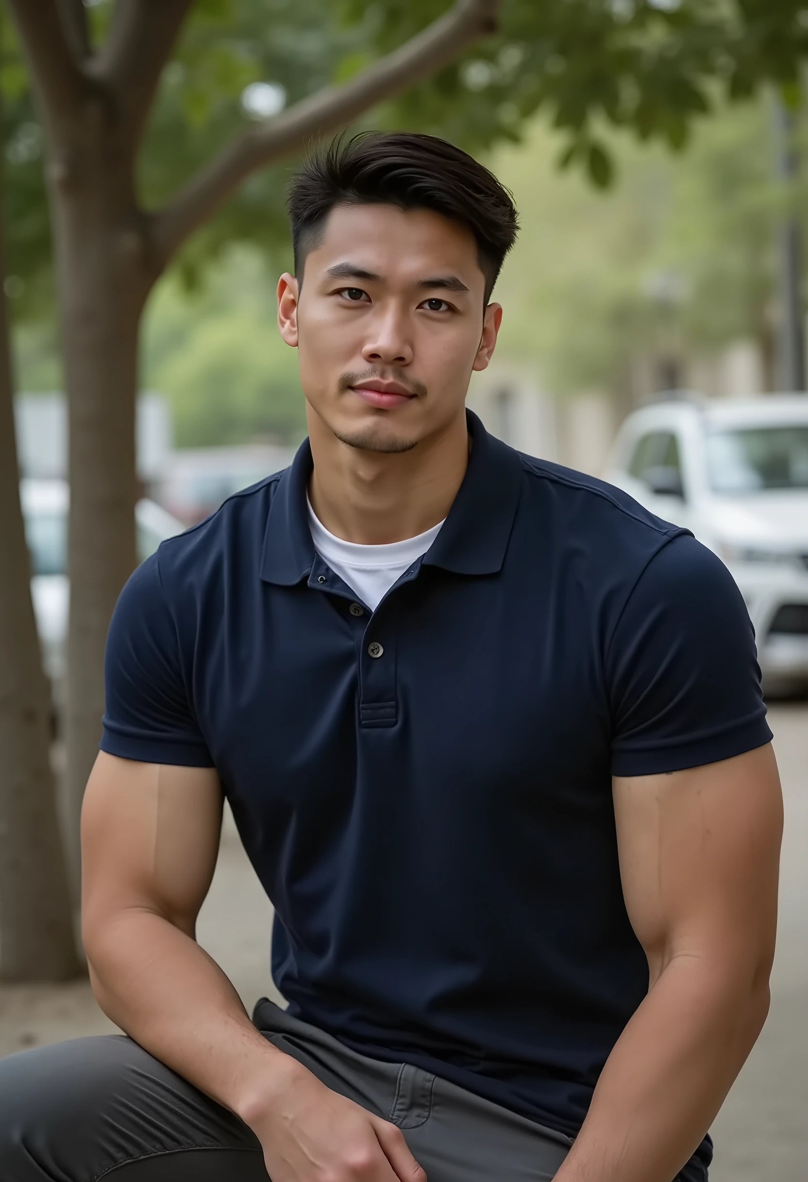 handsome male bodybuilding, wear Navy Polo Shirt There is a white round neck t-shirt inside, in market , sit on table have tree is far