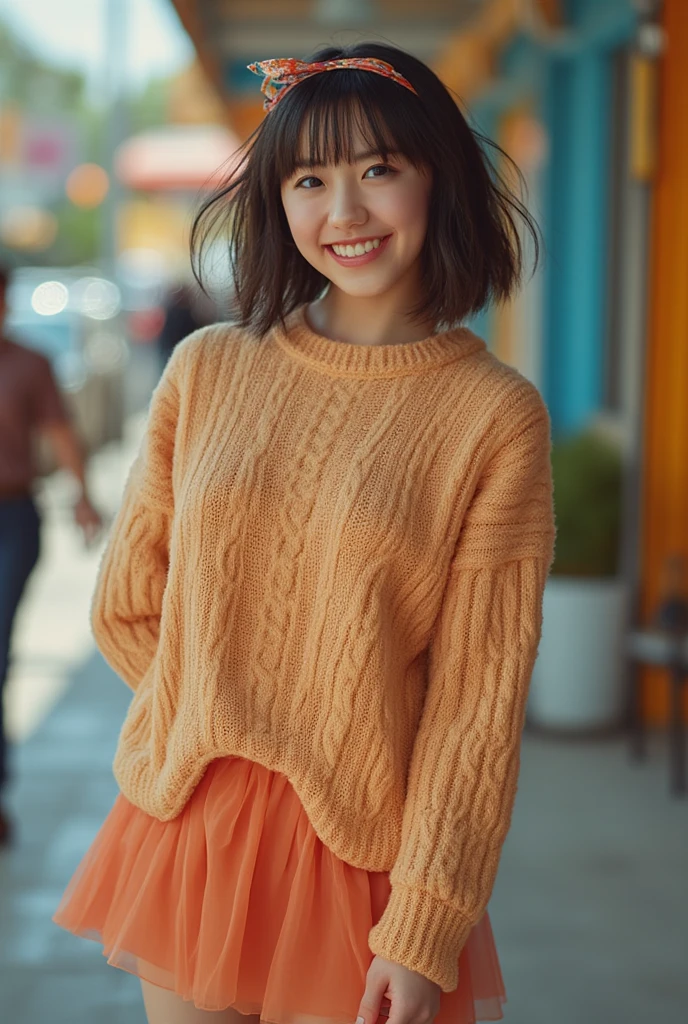 masterpiece, best quality, ultra high res,29 years,japan like beautiful 1woman,pale pink loose fit sweater,white short pants , dutch angle, smile,(brown yellow mixed color)(loose high bun hair),reading a pocket book , in stylish cafe street,