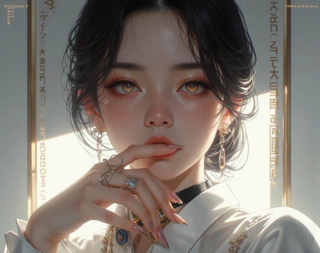 Masterpiece, (Photorealistic: 1.4), Top Quality, Beautiful Lighting, (ulzzang-6500:0.5), Makima \(Chainsaw Man\), (Bob Hair) + (Black Hair) + (Bangs), Yellow Eyes, Golden Eyes, (((Ring-shaped Eyes)), (Blue Shirt), RAW Photography, 8k UHD, Film Grain