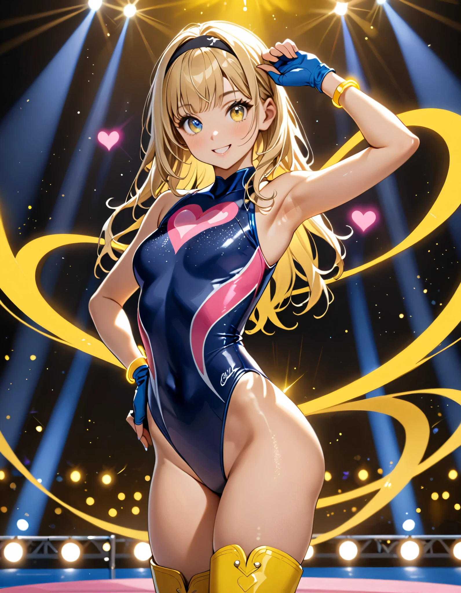 masterpiece, best quality, 1girl, ((bangs, blonde hair, armpit-length hair)), ((black headband)), blue eyes, beautiful detailed eyes, beautiful detailed face, cute face, perfect hands, complete fingers, perfect ???????, perfect proportions, ((leotard, gymnastics leotard, dark blue leotard)), ((boots, yellow boots, yellow footwear, high heels)), breasts, medium breasts, covered navel, ((blue fingerless gloves, yellow bracelets)), full body, hand on hip, hands on hips, ((pink heart logo on chest)), (stage lights), looking at viewer, smile, :d, solo, solo focus, standing, body infused with yellow aura, cowboy shot