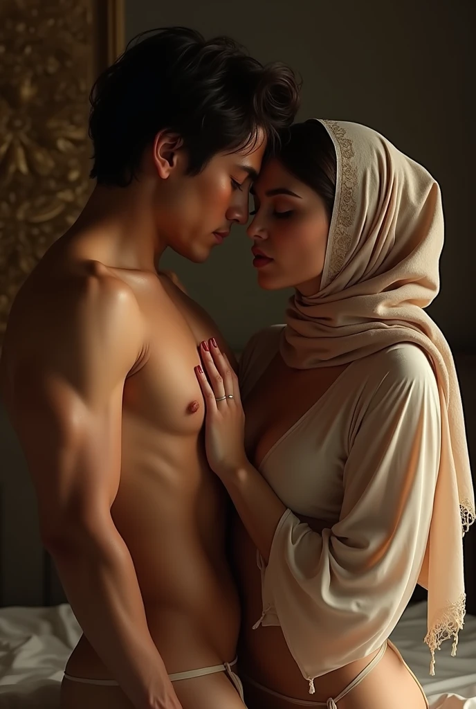 Naked man and maid in hijab, both are naked, in love kissing and fucking like rabits having best wild sex ever.