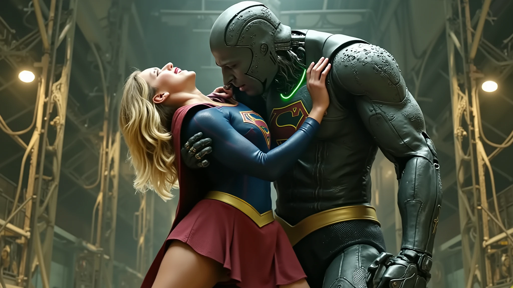 Melissa Benoist as Supergirl, (a very short skirt), fighting with an enemy, she is sexual assaulted by Lex Luther the robot, she push his chest out, a green lighting collar on her neck, painful face, (Supergirl is screaming in pain), Lex Luther is a strong big robot, he is hugging her tightly, he pull her skirt up and push his private part into her body, in the factory, night time, bright spot lighting,