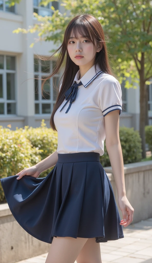 (((full bodyesbian)))、((Girls' High School Uniforms))、((1a person))、Close to the subject、((a miniskirt))、(((school buildings)))、(((ssmile)))、(((Girls' High School)))、((a beauty girl))、((Sexy poses facing backwards))、Photorealsitic、Beautiful detailed eyes、Hyper-Realism、highcontrast、Ultra HD、realistic skin textures、Top image quality、top-quality、超A high resolution、Fine details、Very meticulously