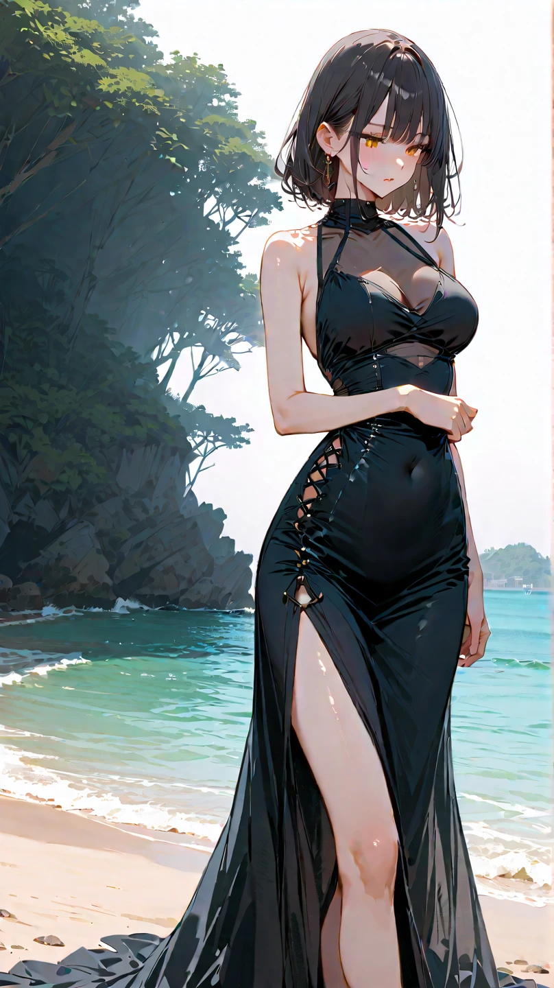 (Masterpiece), Best Quality, ultra-detailed, perfect hands, Delicate eye expression, 1girl (rinko_iori, Sexy, Slender and sexy body, large and pretty breasts, naked body, Gray haired hair, long hair, blue eyes (empty eye)),solo,closed mouth, nude,dark skin, see-through negligee, full body, undressing,Beach, standing, provocative pose, evil look,wicked smile, Sexy waist teasing,