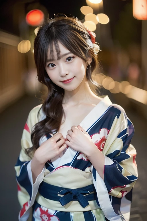 High resolution、high quality、Detailed face、Beautiful Face、cute、Young Face、Young face、Beautiful scenery in Japan、yukata、An innocent smile、whole body、Summer festival、stall、Nightclub、firework