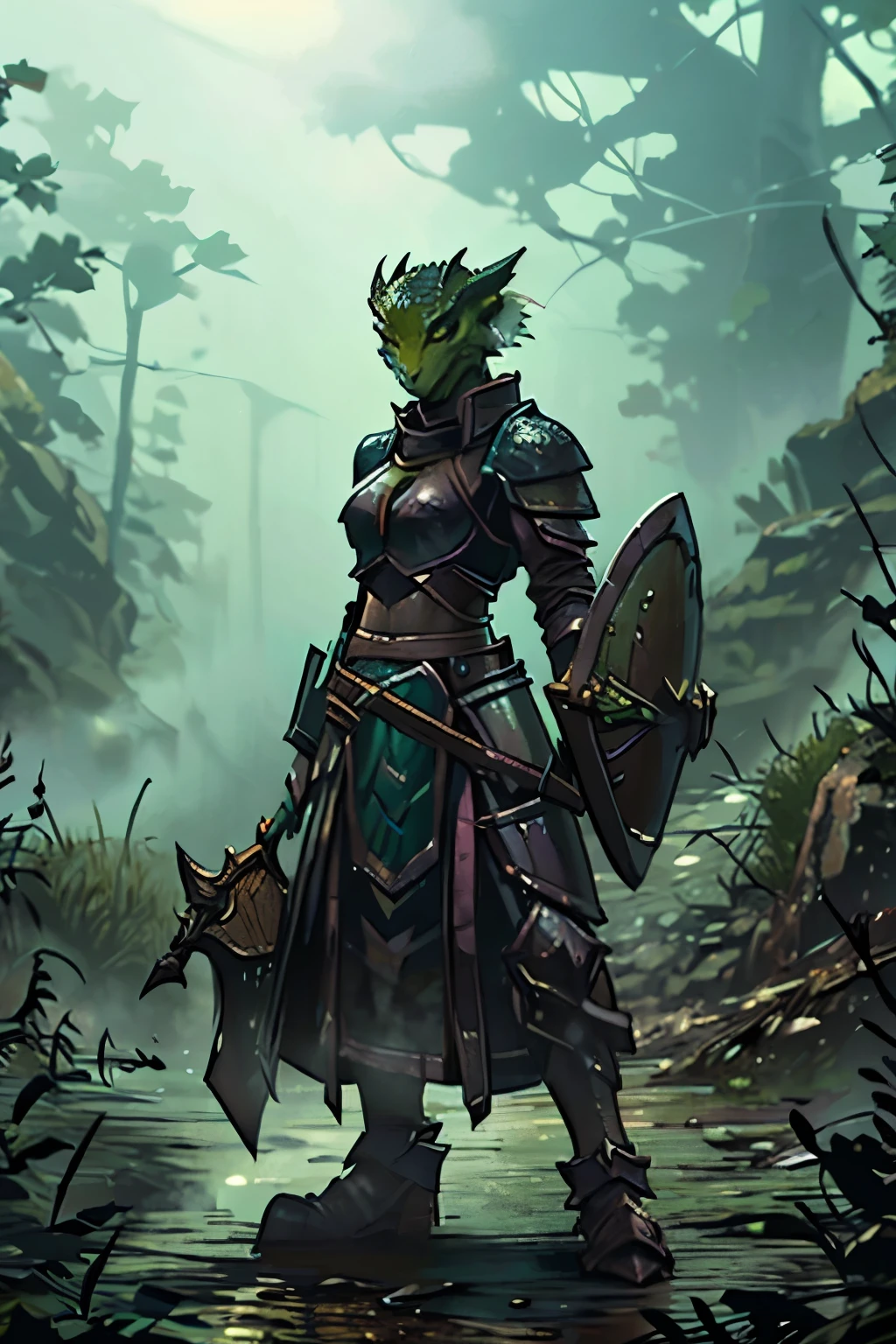 Green female dragonborn knight in heavy armor with an axe and shield standing in a poison fog.