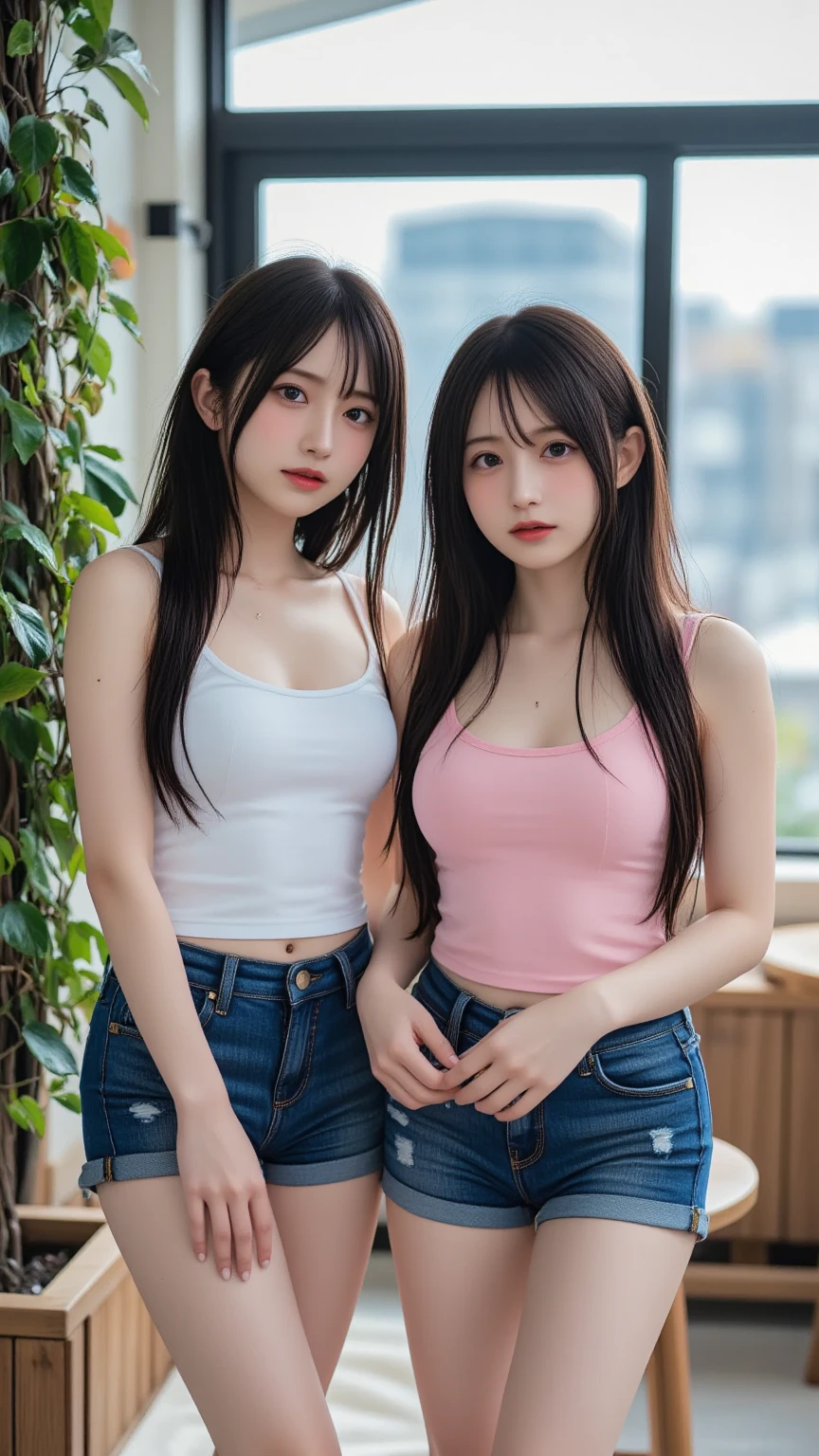 Best quality,Masterpiece,Bust Up Shot,model shoot, Extremely detailed, high resolution, 4K, 超高分辨率, Detailed shadows, Perfect light and shadow, duo,Two girls in costume taking selfies on the street,navel,colorful pigtail, anime cosplaying, Anime style mixed with Fujifilm, Big breasts, Cute, Kaihuai,