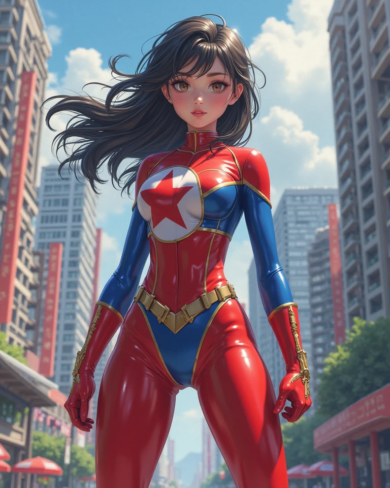 girl Wonderwoman,(((1girl))),((cute and beautiful wavy black haired girl)),((((greek race)))), red and gold wonderwoman costume 

(large breasts:1.4),saggy breasts,