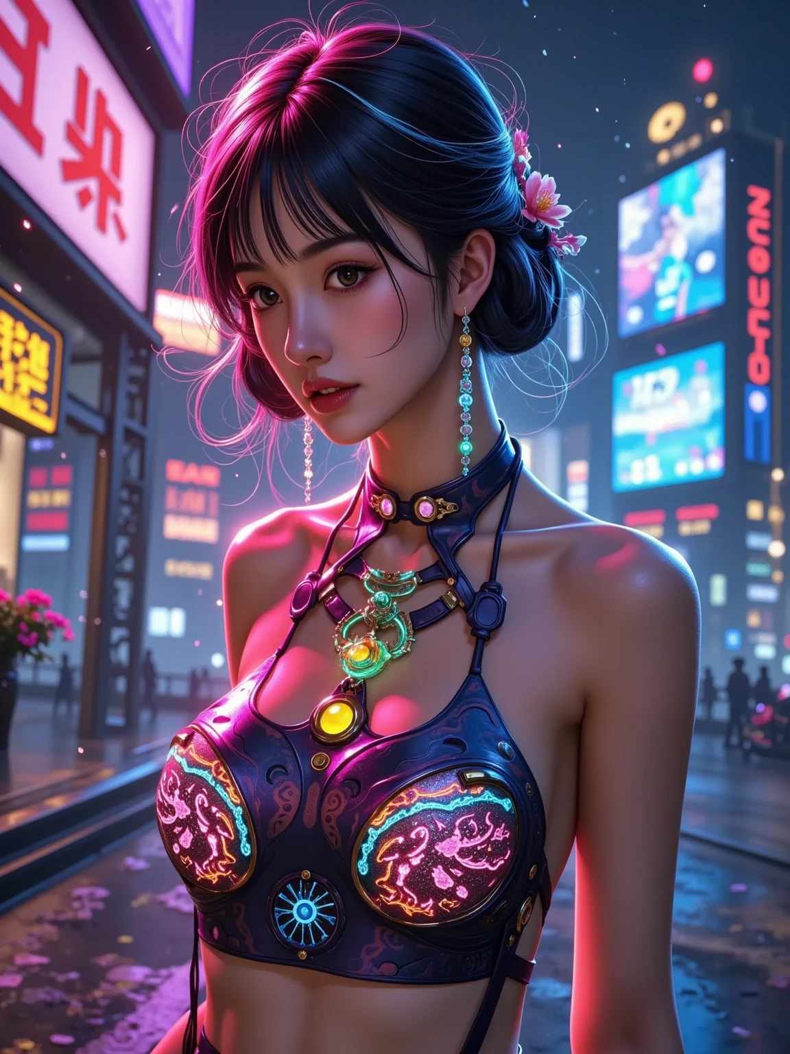 (best quality,4k,highres,masterpiece:1.2),ultra-detailed,(realistic:1.37), Portrait close-up,Sexy,A girl Chinese costume cyberpunk, (cyberpunk,Chinese clothing,cybernetic implants),looking at camera,hair accessories, bright colors,neon lights,glowing city skyline,future fashion clothing,A combination of traditional and modern elements,Avant-garde makeup,beautiful breasts,colored inner hair, gradient hair, double bun,Sexual innuendo,confidence and determination,city environment,Metallic feeling,Mechanical armor, Gorgeous accessories,High-tech products,Impressive cybernetic enhancements,Clear focus,gnarly details, Overclocked rendering, Cinematic edge light, fine light, masterpiece, Super details, epic work, ultra high definition, high quality, 32k