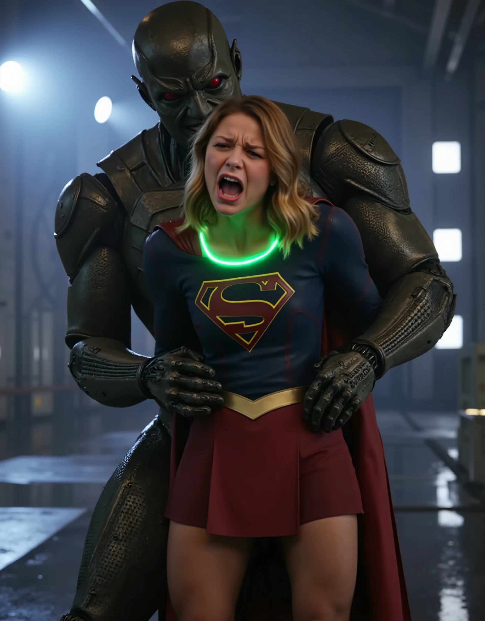 Melissa Benoist as Supergirl, (a very short skirt), fighting with an enemy, she is sexual assaulted from behind by Lex Luther the robot, she bend down and push his hand out, a green lighting collar on her neck, painful face, (Supergirl is screaming in pain), Lex Luther is a strong big robot, he is hugging her tightly from behind, he pull her skirt up and push his private part into her body, whole body from head to feet are visible, in the factory, night time, bright spot lighting,