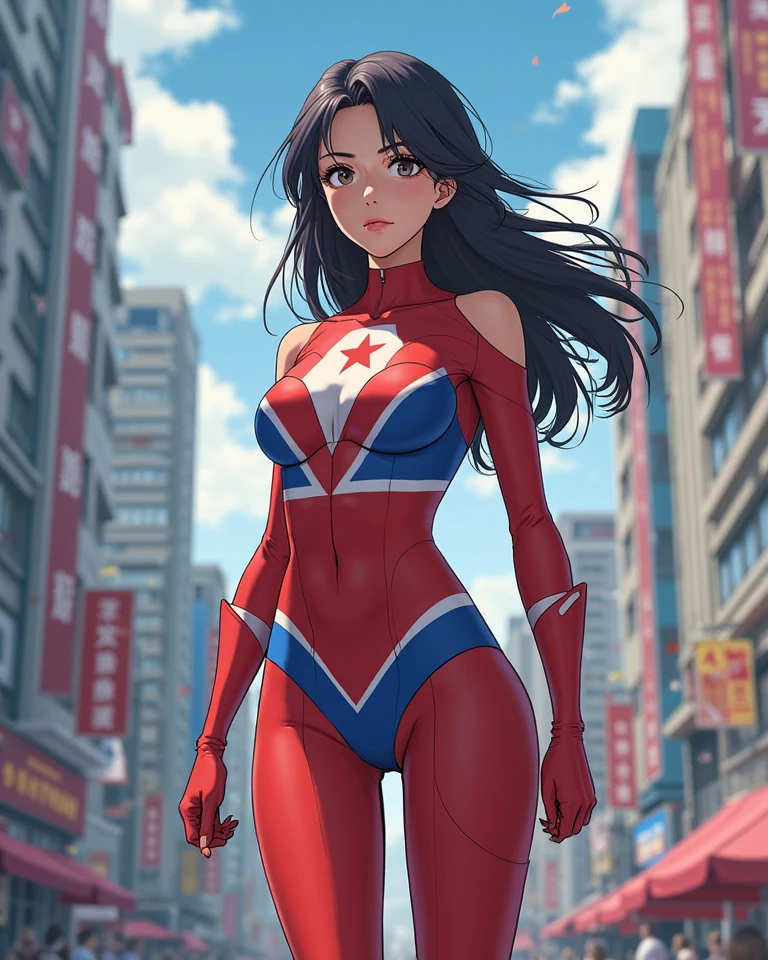 (masterpiece:1.2, best quality), 1girls, solo , young teen 13yo, slim, (Ultraman costume), long hair, smile, fun, laugh, play, (sitting on building), (spread legs), (hands fingering), city background, summer, vibrant colors, bright, watercolor
