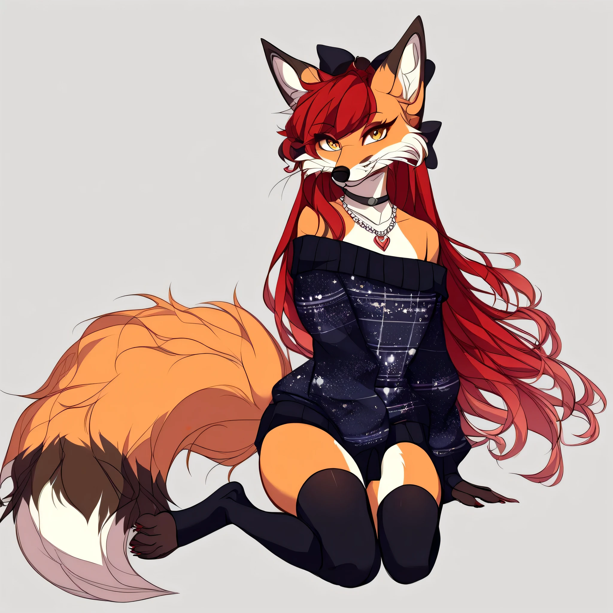 Solo、unpralleled masterpiece、Detailed、 Beautiful、 score_9、 score_8_up、 score_7_up、moody atmosphere、mysterious、fox、anthro、furry、female、orange fur、(long hair、beautiful hair、scarlet red hair、side swept hair、bangs)、yellow eyes、(digitigrade、claws、fox paws、exposed feet)、foxy whiskers、fluffy tail、(sassy pose、sassy hips、sassy、flirtatious)、wearing (Black simple stylish long socks、non-transparent thigh highs、Crop off shoulder sweater、patterns on sweater、Colored hair bow、Classic necklace)、(beautiful background、detailed background)、night、gazing at viewer with side eye