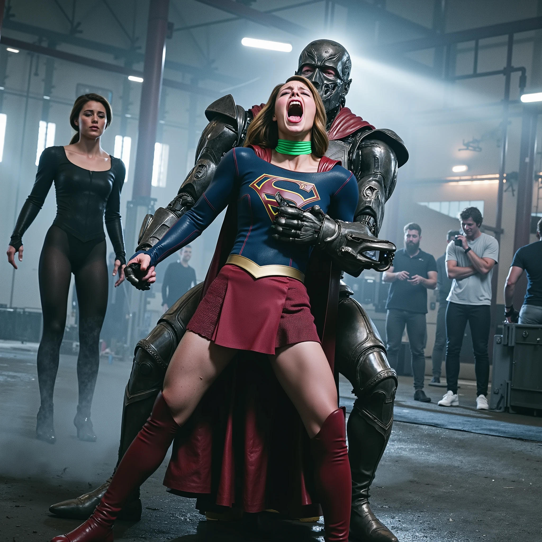 Melissa Benoist as Supergirl, (a very short skirt), fighting with an enemy, she is sexual assaulted from behind by Lex Luther the robot, she bend down and push his hand out, a green lighting collar on her neck, painful face, (Supergirl is screaming in pain), Lex Luther is a strong big robot, he is hugging her tightly from behind, he pull her skirt up and push his private part into her body, whole body from head to feet are visible, in the factory, night time, bright spot lighting,